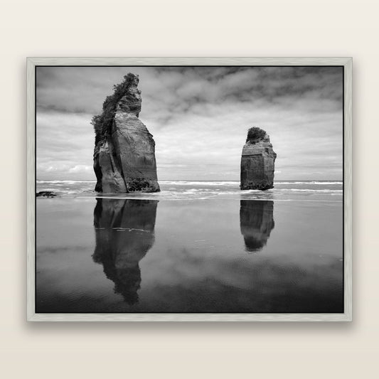 Guardians of the Ocean, Taranaki — framed metallic canvas print, Antique Silver frame. New Zealand fine art landscape wall art by Stephen Milner.