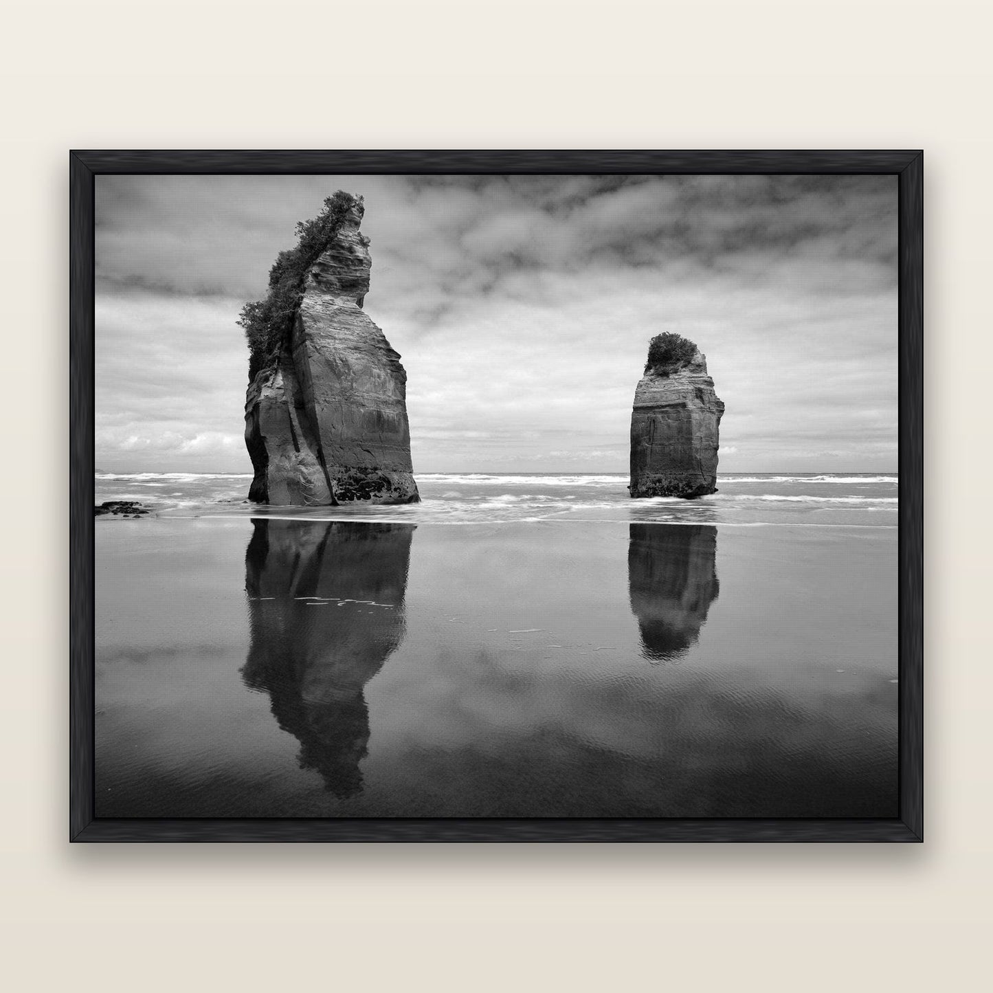 Guardians of the Ocean, Taranaki — framed metallic canvas print, Black frame. New Zealand fine art landscape wall art by Stephen Milner.