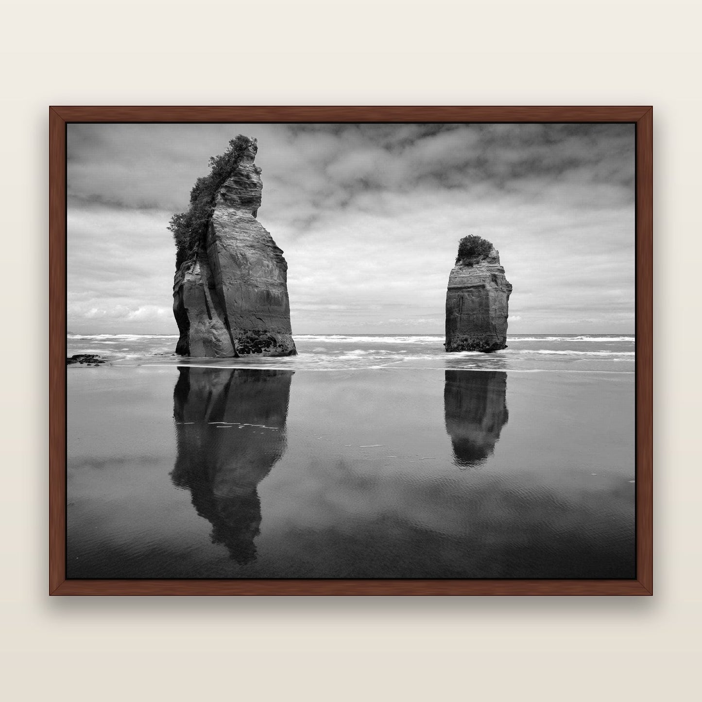 Guardians of the Ocean, Taranaki — framed metallic canvas print, Brown frame. New Zealand fine art landscape wall art by Stephen Milner.