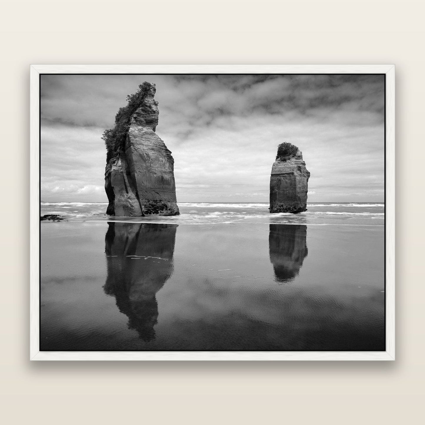 Guardians of the Ocean, Taranaki — framed metallic canvas print, White frame. New Zealand fine art landscape wall art by Stephen Milner.