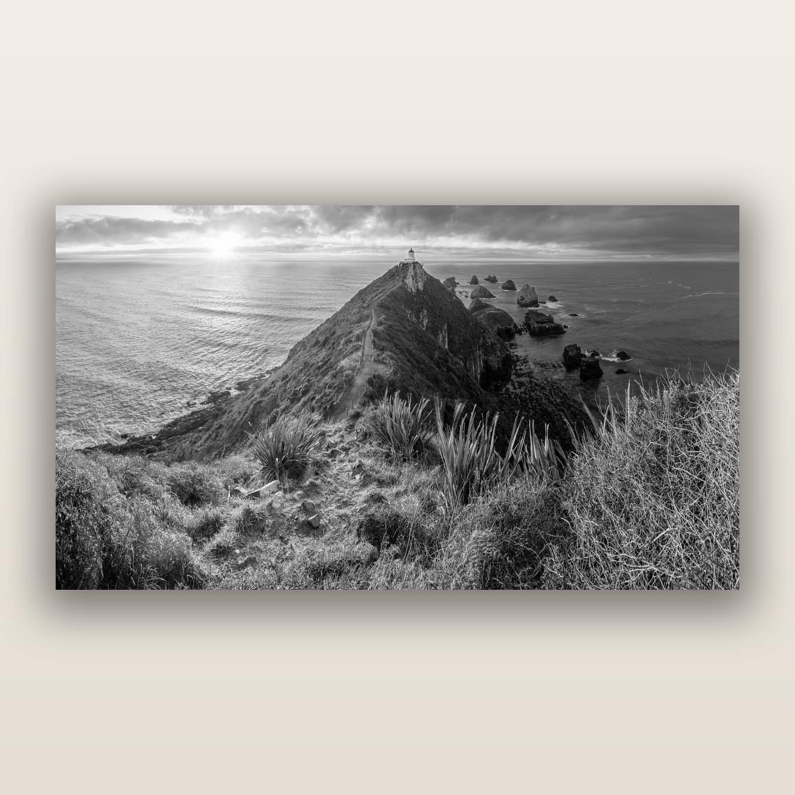 Guiding Light, Nugget Point Sunrise, black and white frameless acrylic glass print. New Zealand fine art photography by Stephen Milner.