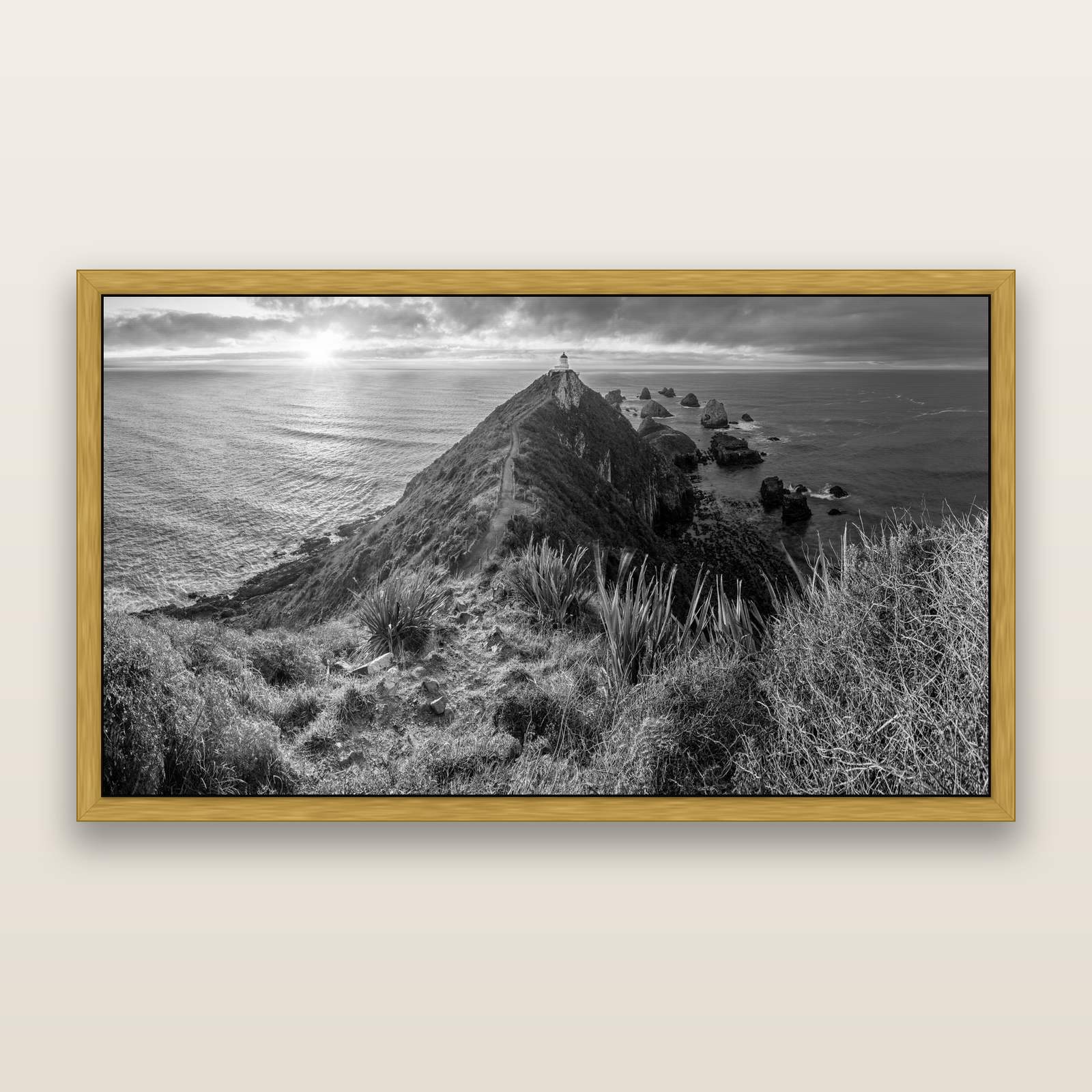 Guiding Light, Nugget Point Sunrise, black and white framed metallic canvas print, Antique Gold frame. New Zealand fine art wall art by Stephen Milner.