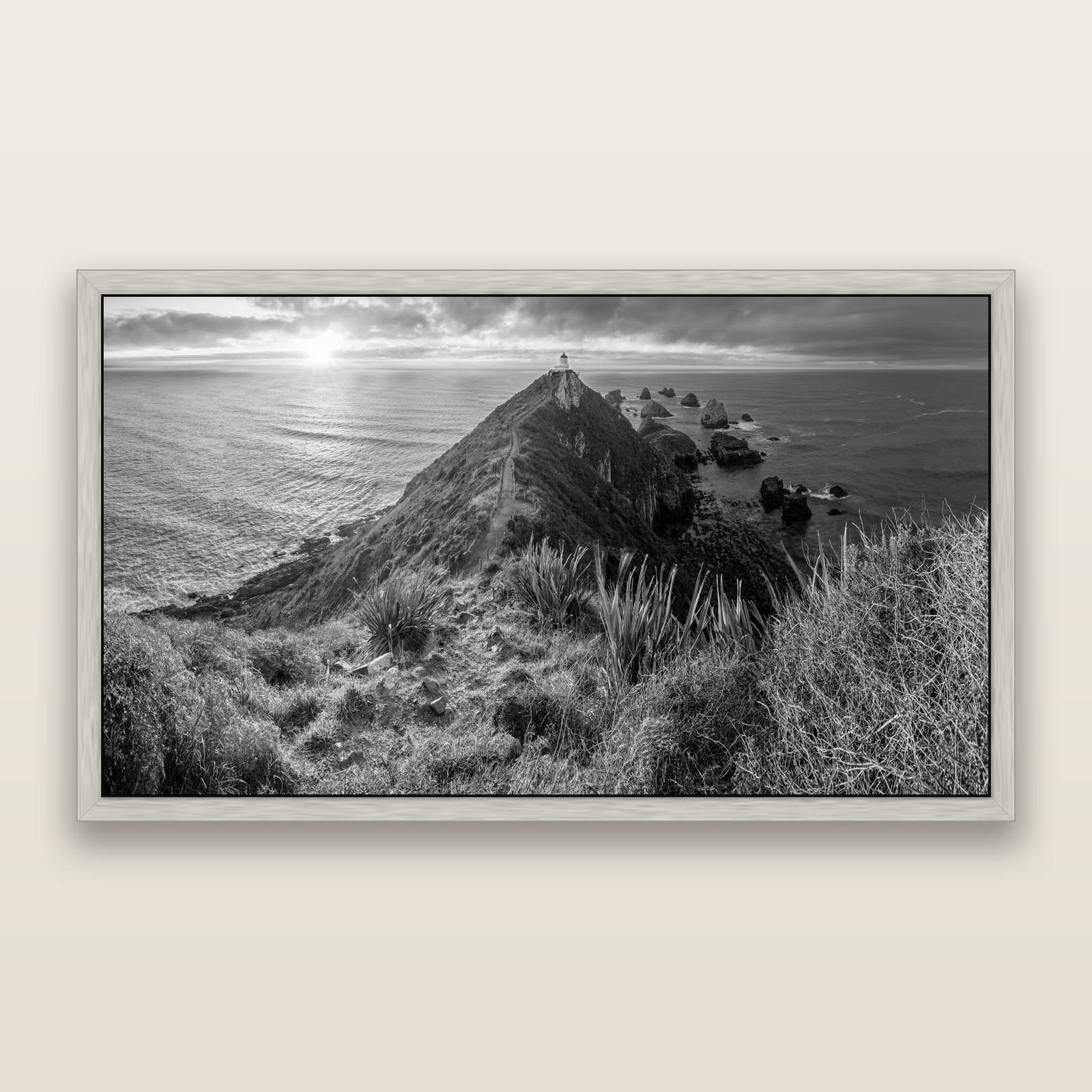 Guiding Light, Nugget Point Sunrise, black and white framed metallic canvas print, Antique Silver frame. New Zealand fine art wall art by Stephen Milner.