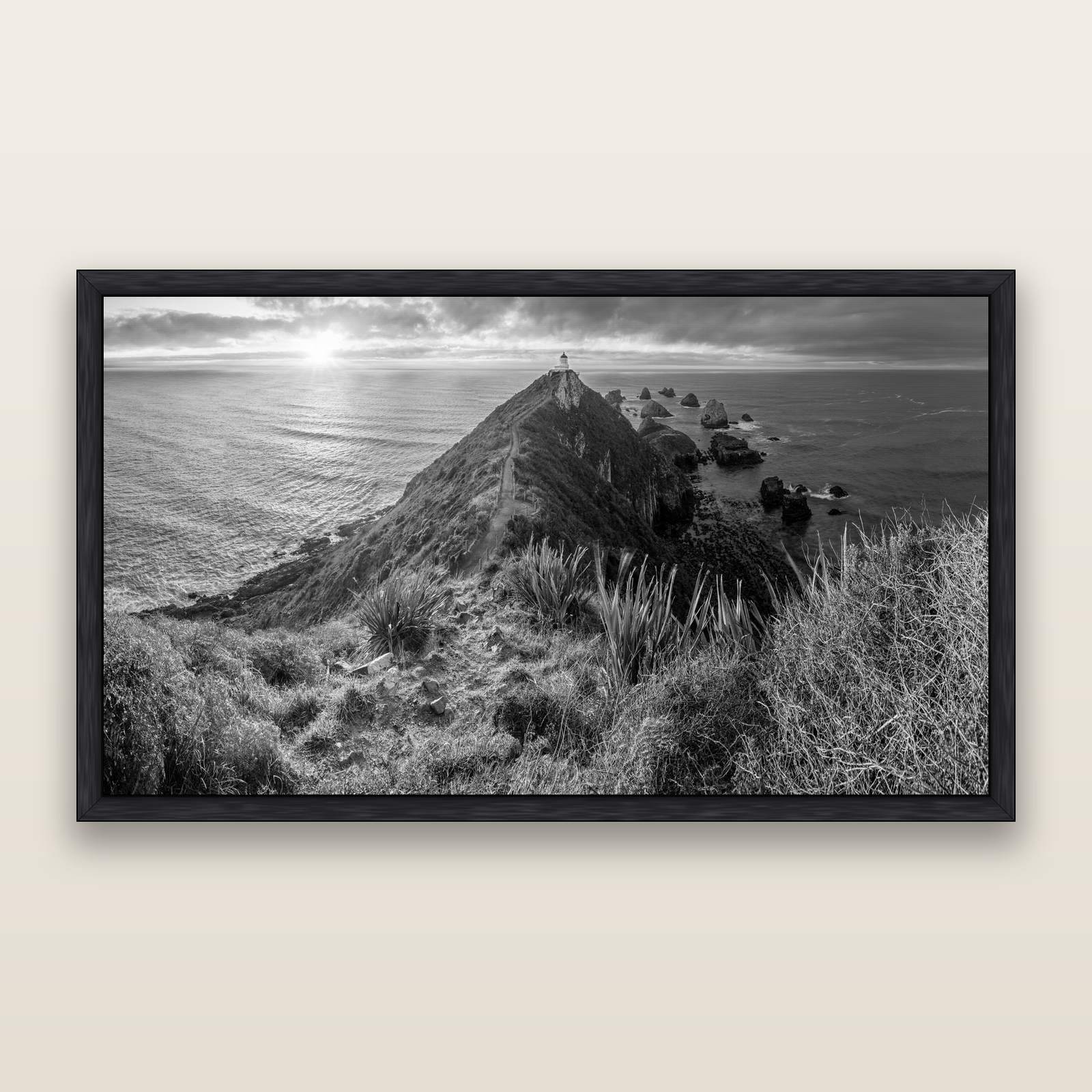 Guiding Light, Nugget Point Sunrise, black and white framed metallic canvas print, Black frame. New Zealand fine art wall art by Stephen Milner.
