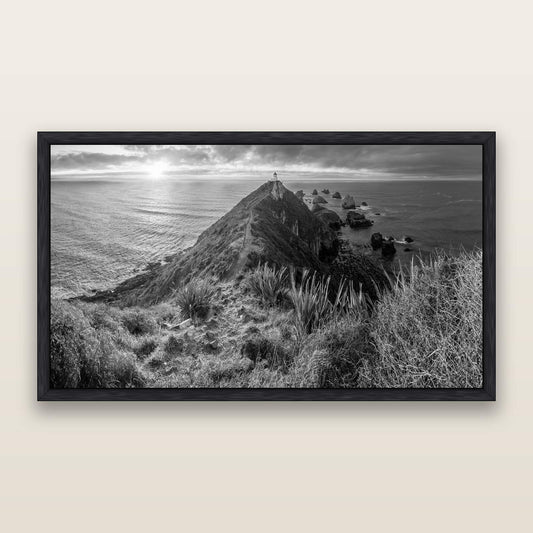Guiding Light, Nugget Point Sunrise, black and white framed metallic canvas print, Black frame. New Zealand fine art wall art by Stephen Milner.
