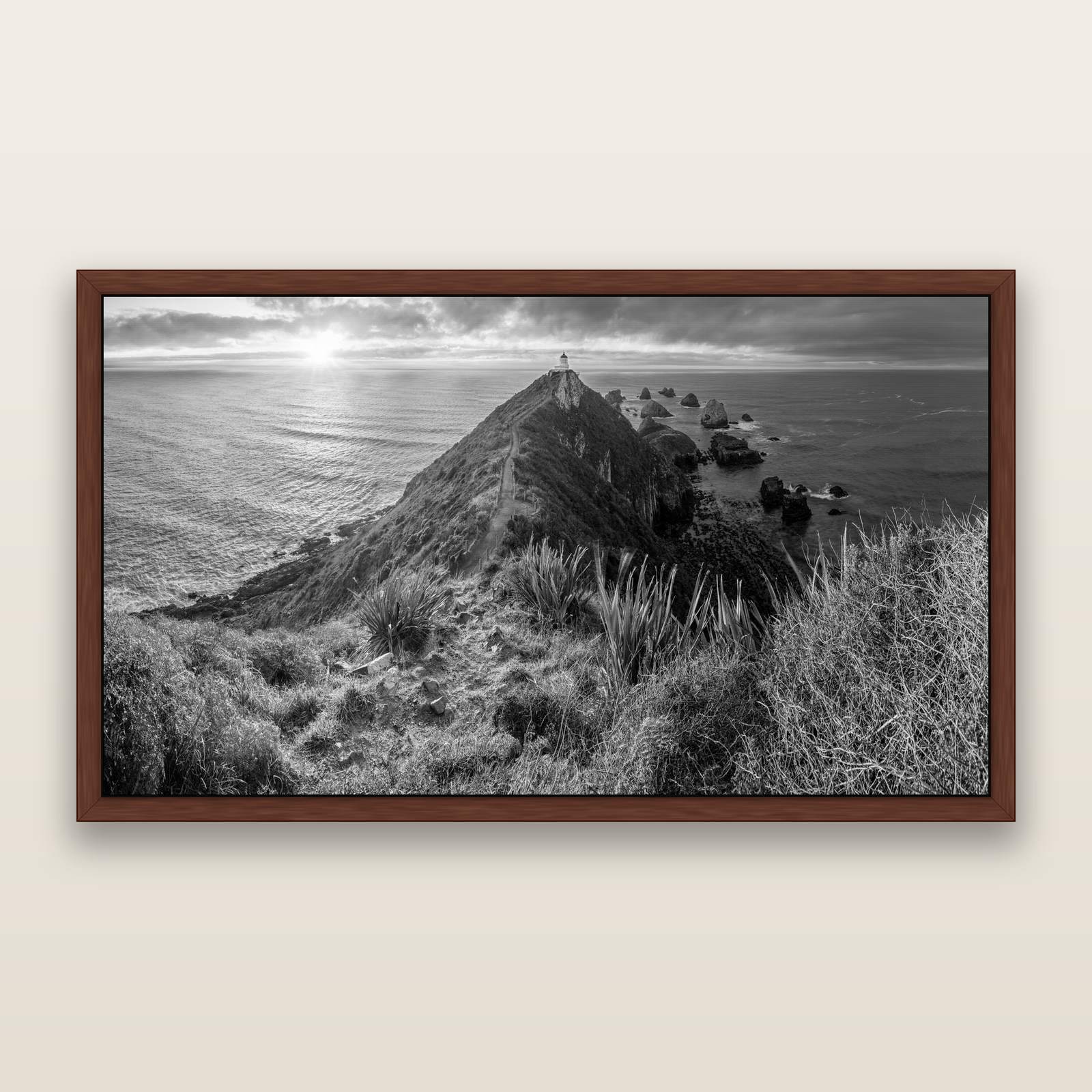 Guiding Light, Nugget Point Sunrise, black and white framed metallic canvas print, Brown frame. New Zealand fine art wall art by Stephen Milner.