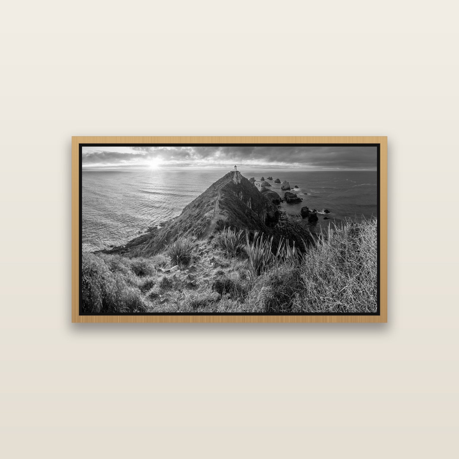 Guiding Light, Nugget Point Sunrise — Natural framed metallic canvas print, small 81 × 46 cm. New Zealand fine art landscape wall art by Stephen Milner.