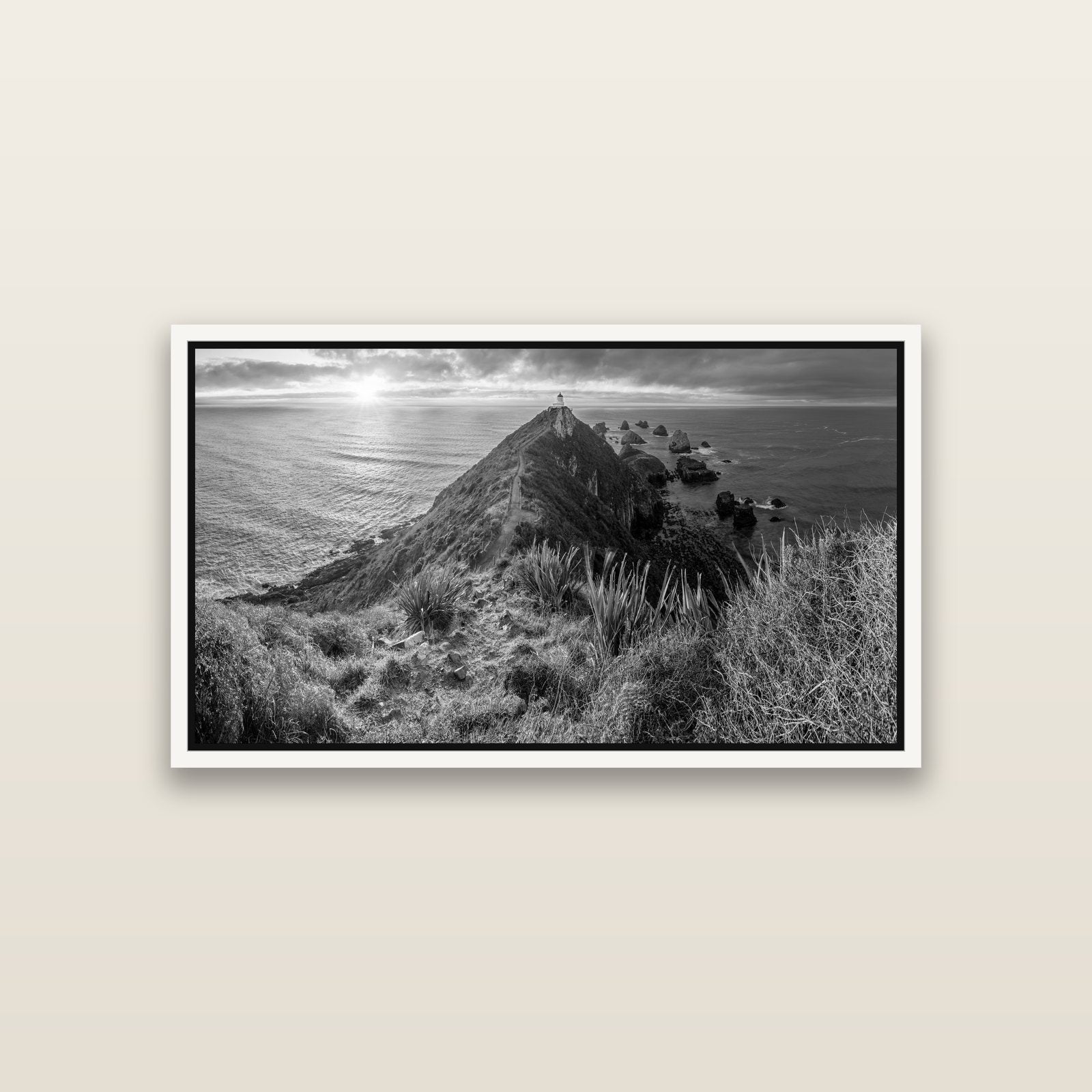 Guiding Light, Nugget Point Sunrise — White framed metallic canvas print, small 81 × 46 cm. New Zealand fine art landscape wall art by Stephen Milner.