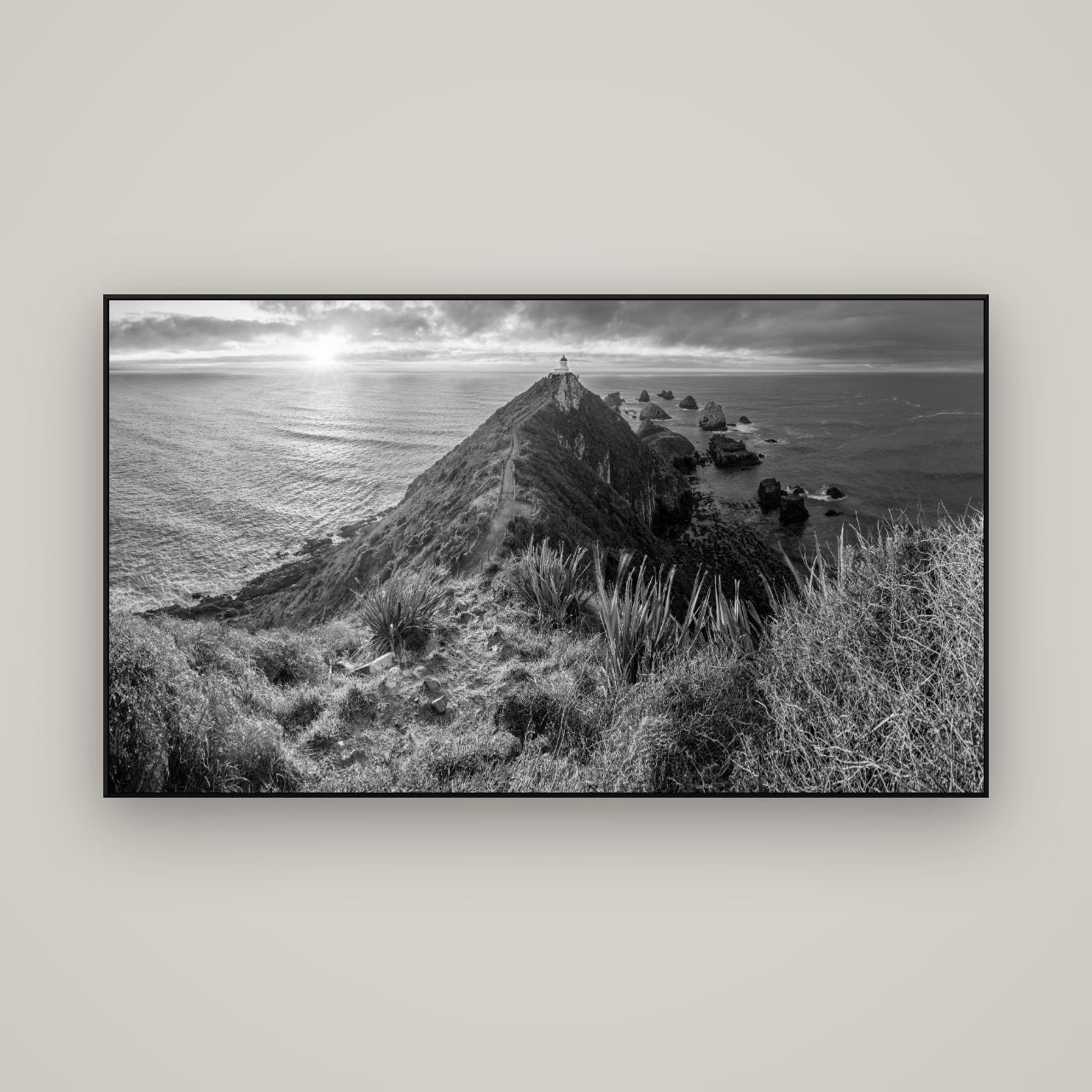 Guiding Light, Nugget Point Sunrise — ArtBox Black, 160×90 cm. New Zealand fine art wall art by Stephen Milner.