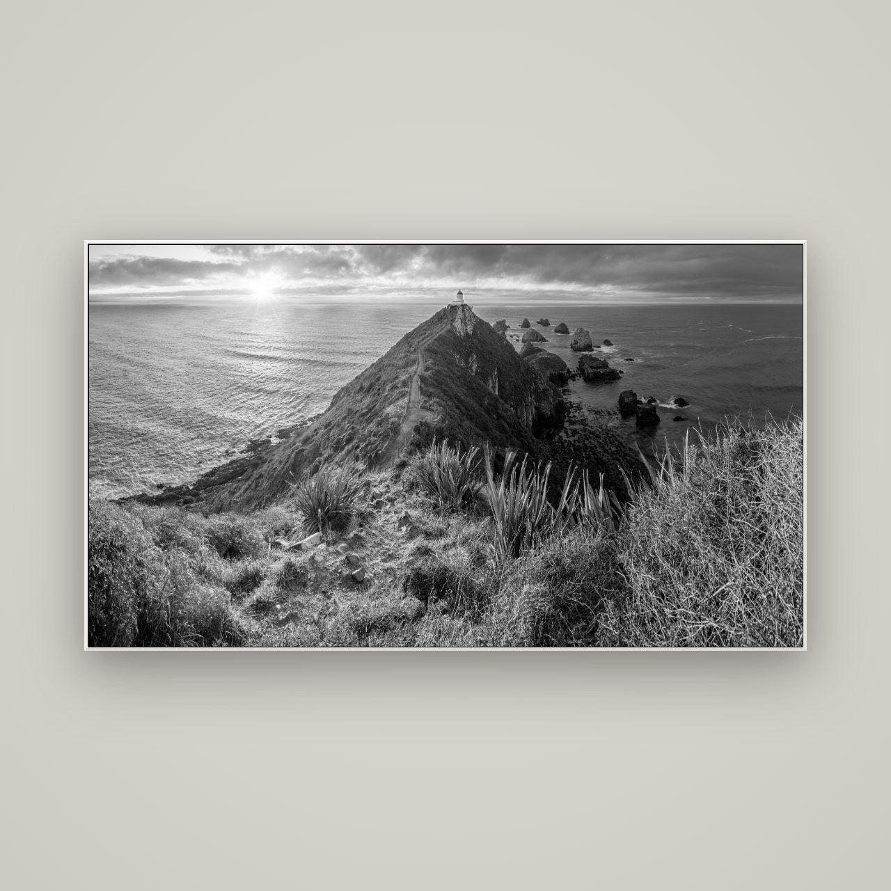 Guiding Light, Nugget Point Sunrise — ArtBox White, 160×90 cm. New Zealand fine art wall art by Stephen Milner.