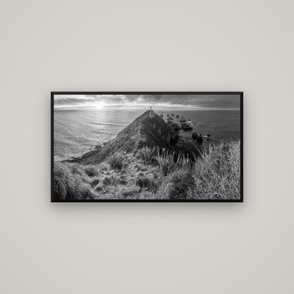 Guiding Light, Nugget Point Sunrise — Basel Black Matte, 107×60 cm. New Zealand fine art wall art by Stephen Milner.