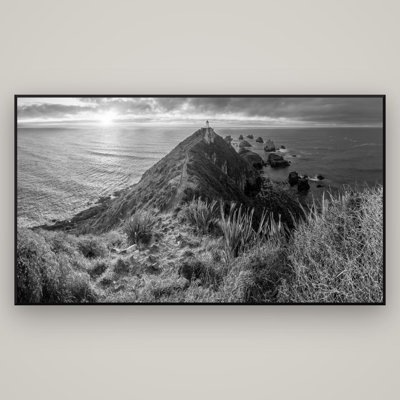 Guiding Light, Nugget Point Sunrise — Basel Black, 196×110 cm. New Zealand fine art wall art by Stephen Milner.
