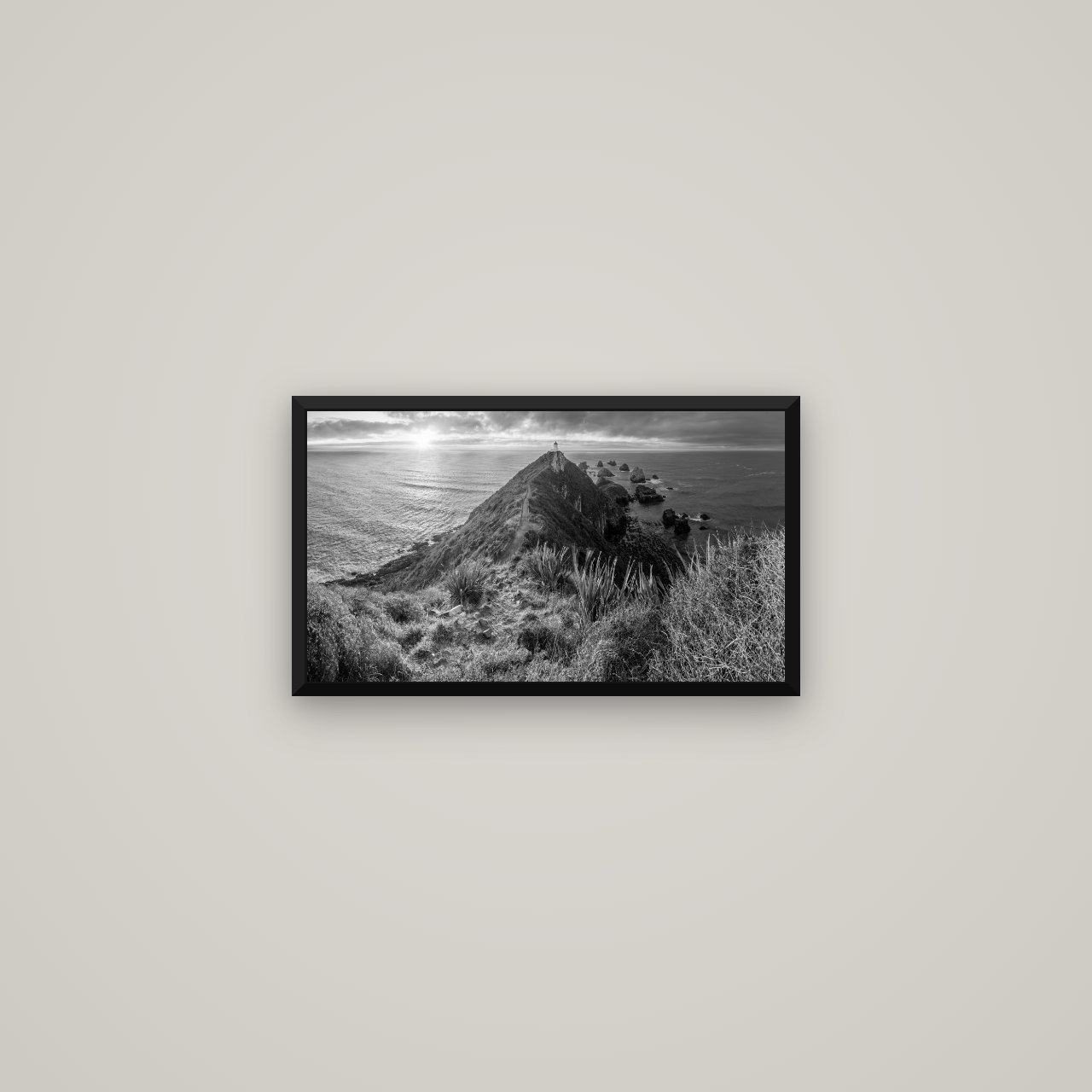 Guiding Light, Nugget Point Sunrise — Basel Black Matte, 53×30 cm. New Zealand fine art wall art by Stephen Milner.