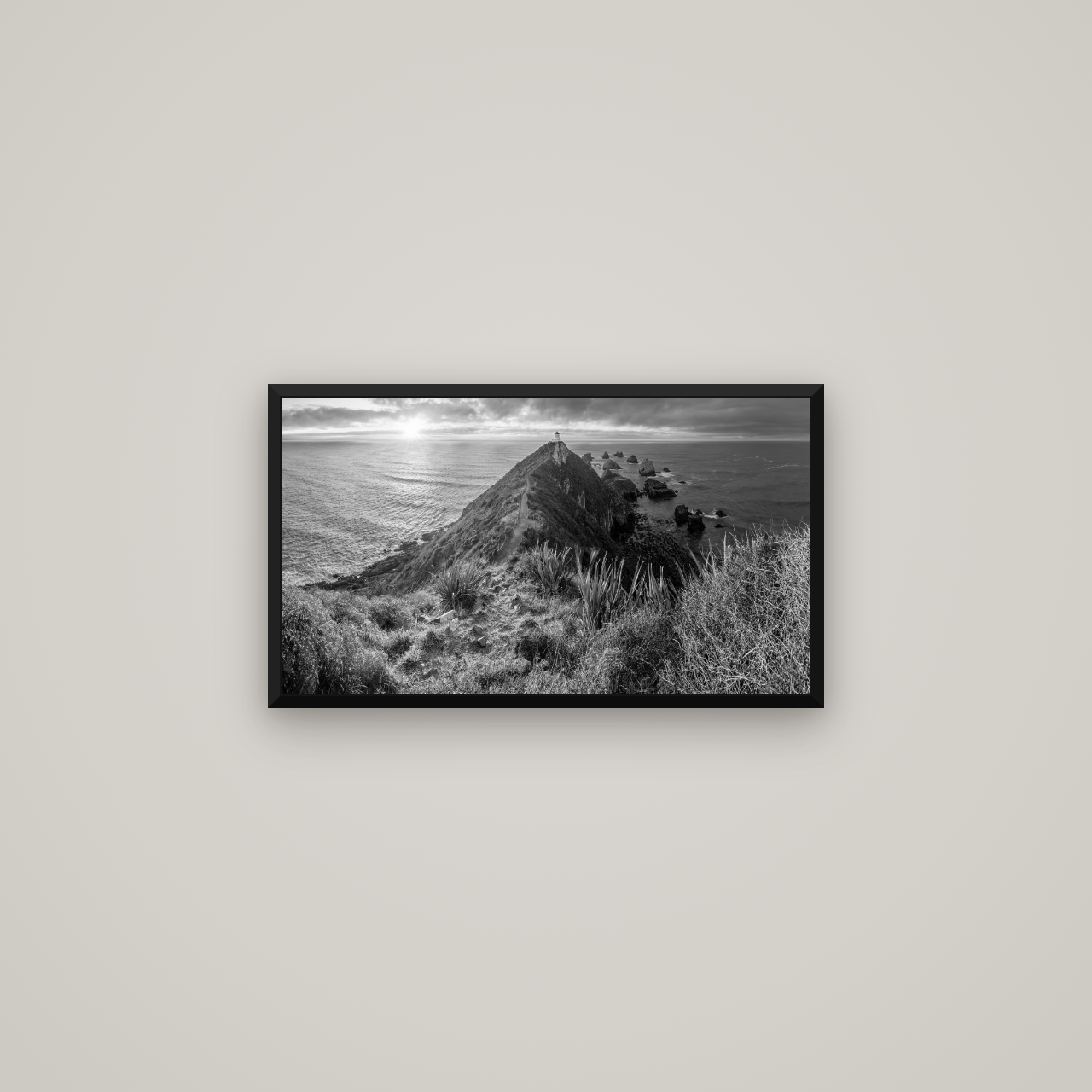 Guiding Light, Nugget Point Sunrise — Basel Black Matte, 64×36 cm. New Zealand fine art wall art by Stephen Milner.