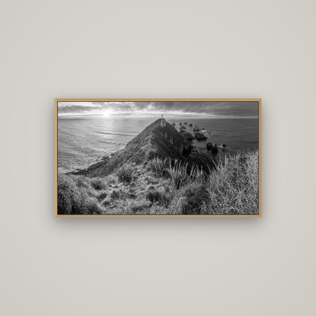 Guiding Light, Nugget Point Sunrise, Basel Natural Oak, 107×60 cm. New Zealand fine art wall art by Stephen Milner.