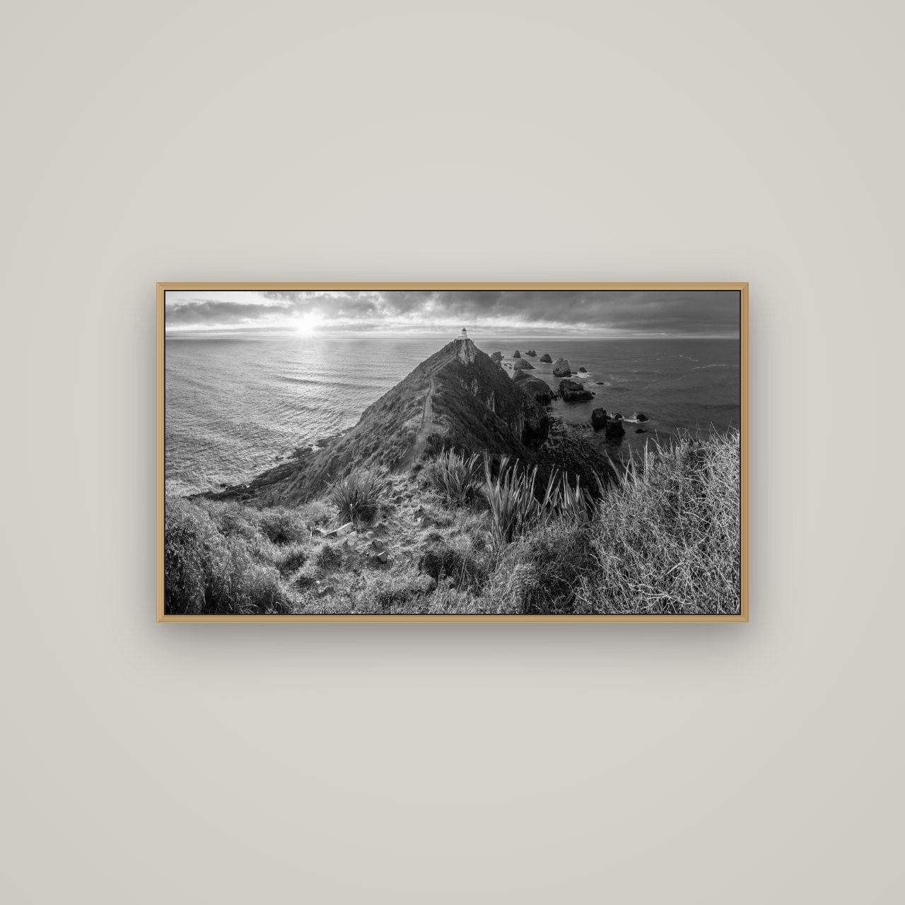 Guiding Light, Nugget Point Sunrise, Basel Natural Oak, 107×60 cm. New Zealand fine art wall art by Stephen Milner.