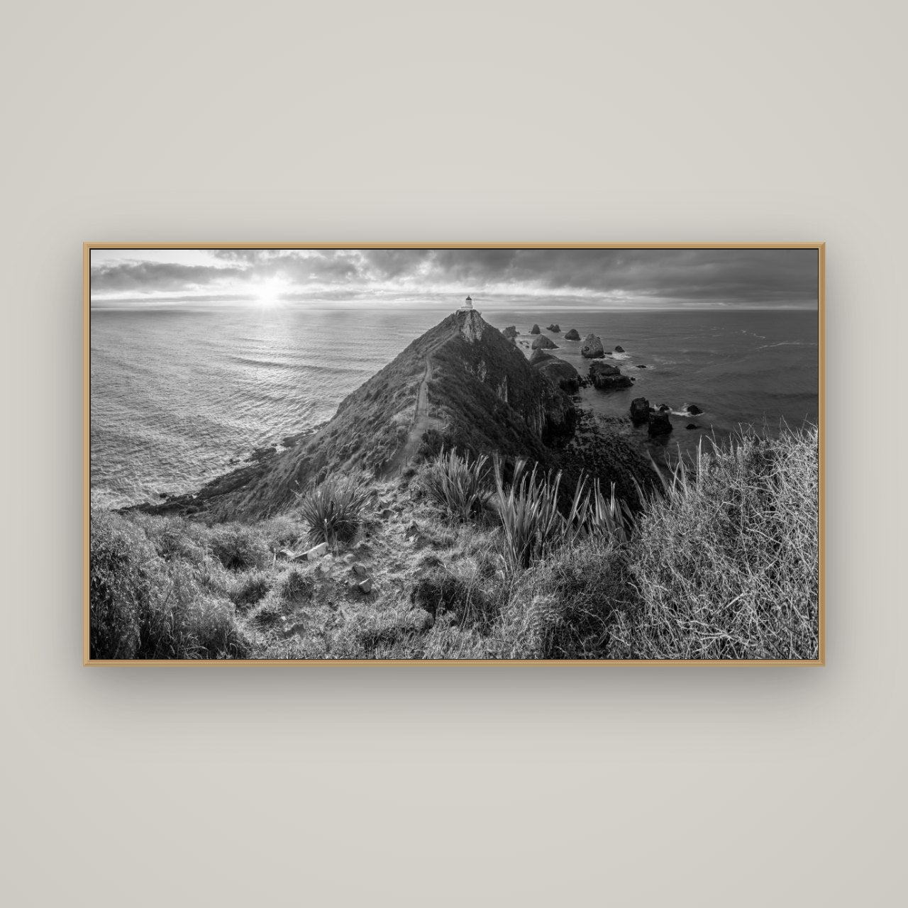 Guiding Light, Nugget Point Sunrise, Basel Natural Oak, 160×90 cm. New Zealand fine art wall art by Stephen Milner.