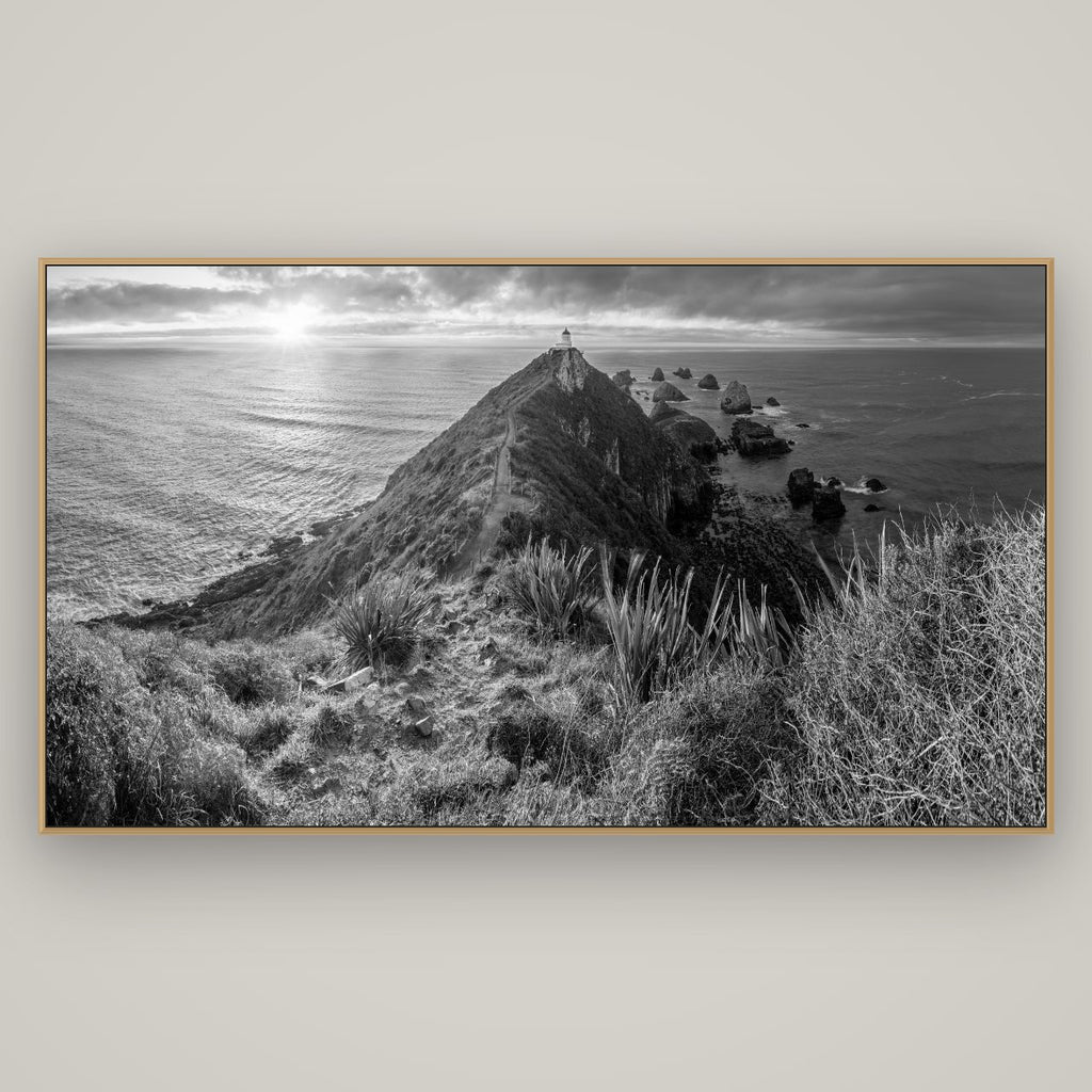 Guiding Light, Nugget Point Sunrise, Basel Natural Oak, 196×110 cm. New Zealand fine art wall art by Stephen Milner.