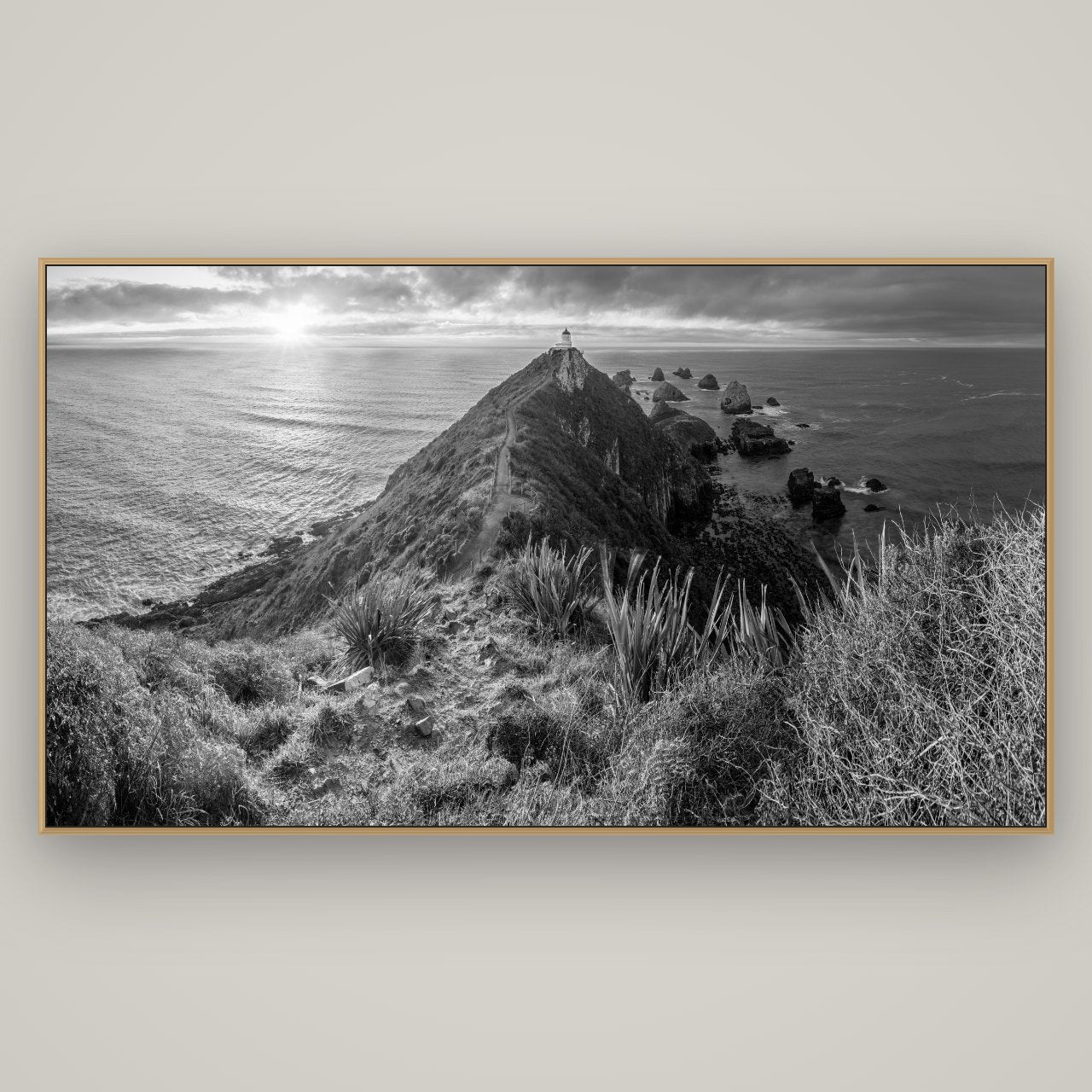 Guiding Light, Nugget Point Sunrise, Basel Natural Oak, 196×110 cm. New Zealand fine art wall art by Stephen Milner.