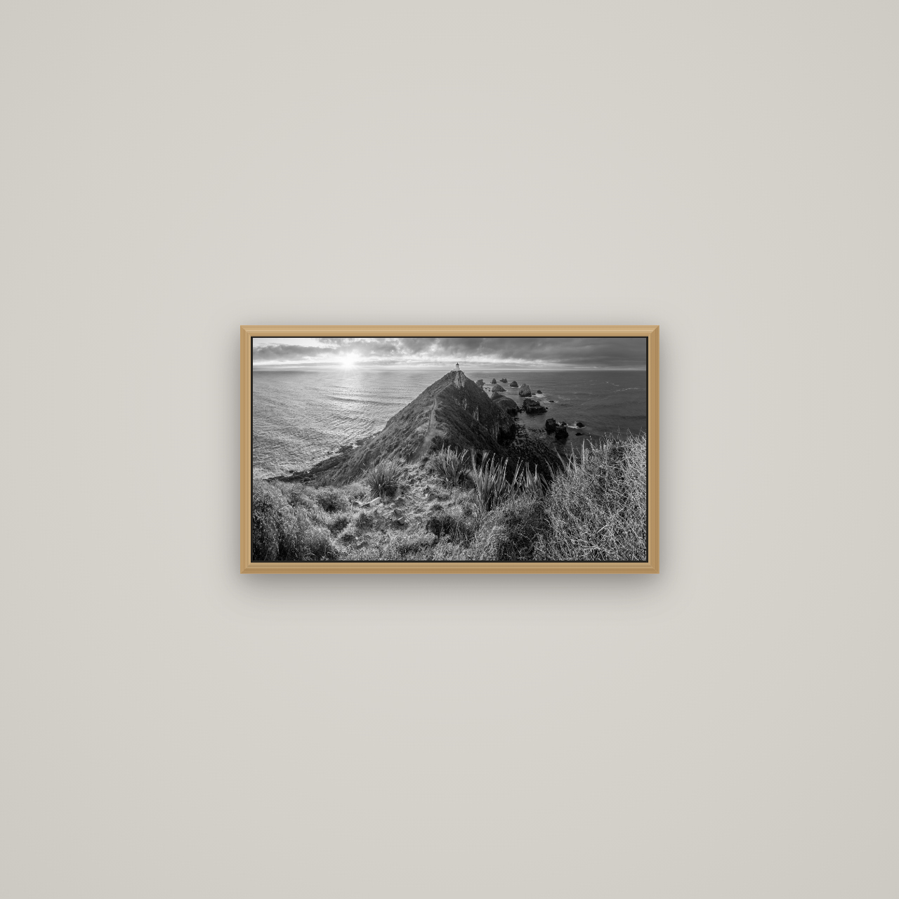 Guiding Light, Nugget Point Sunrise, Basel Natural Oak, 53×30 cm. New Zealand fine art wall art by Stephen Milner.