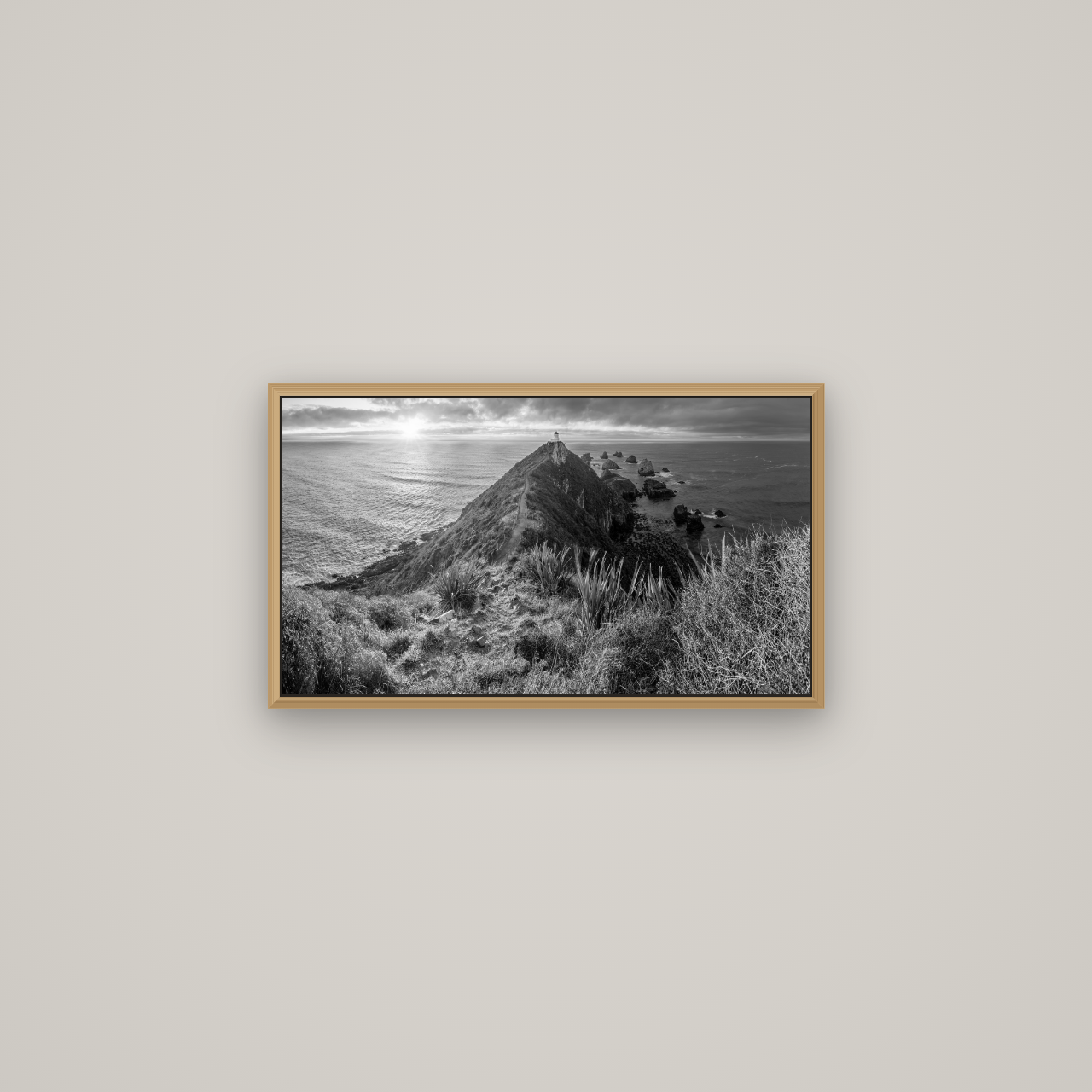 Guiding Light, Nugget Point Sunrise, Basel Natural Oak, 64×36 cm. New Zealand fine art wall art by Stephen Milner.