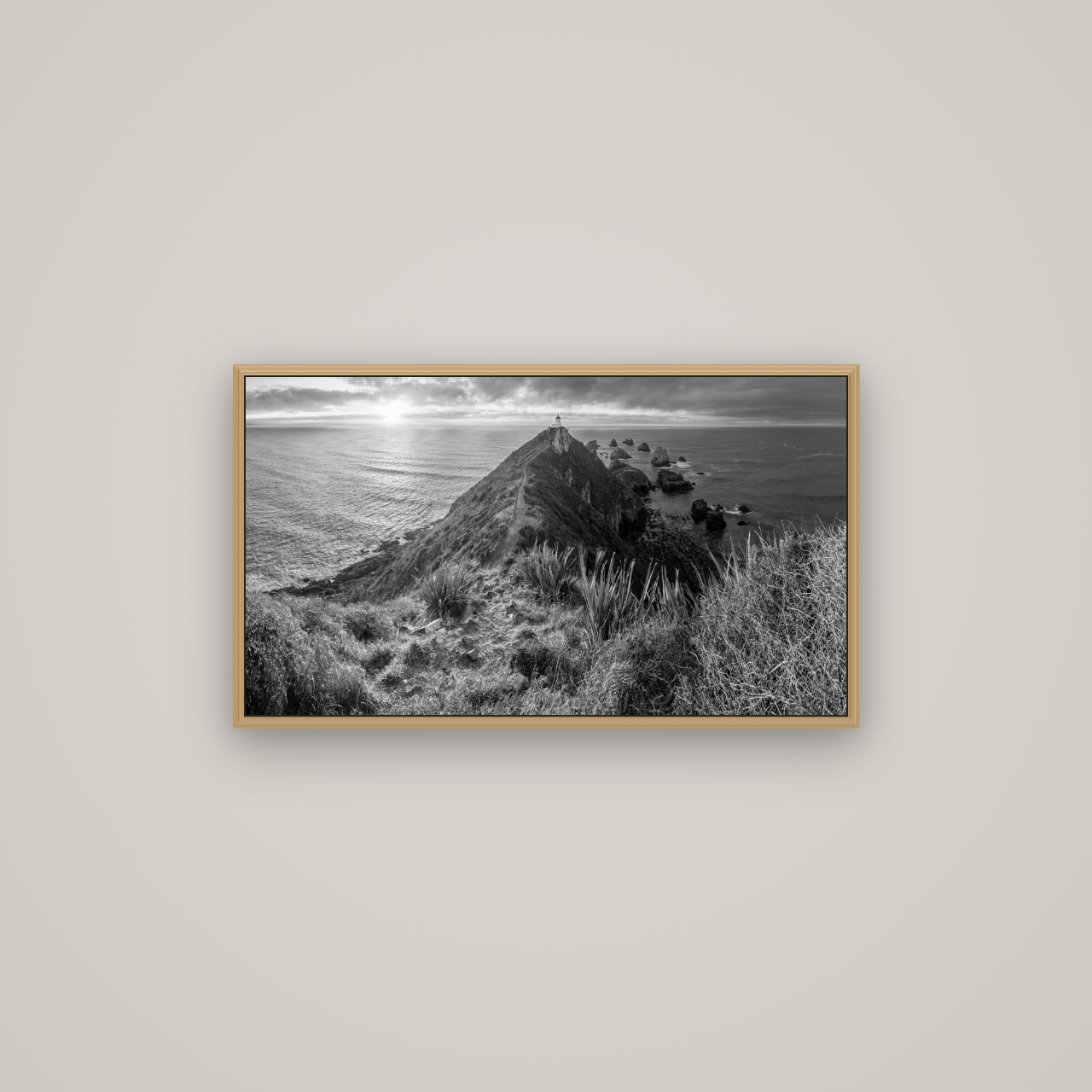 Guiding Light, Nugget Point Sunrise, Basel Natural Oak, 80×45 cm. New Zealand fine art wall art by Stephen Milner.