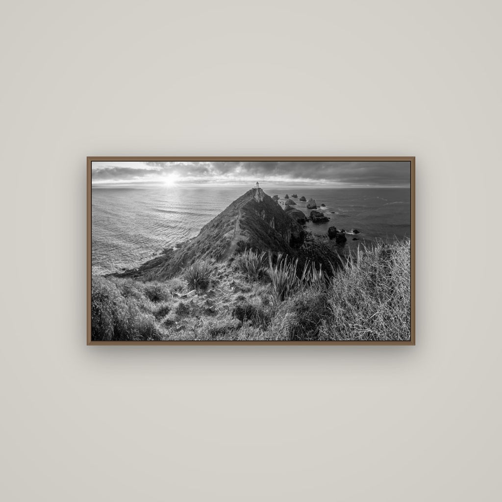 Guiding Light, Nugget Point Sunrise, Basel Walnut, 107×60 cm. New Zealand fine art wall art by Stephen Milner.