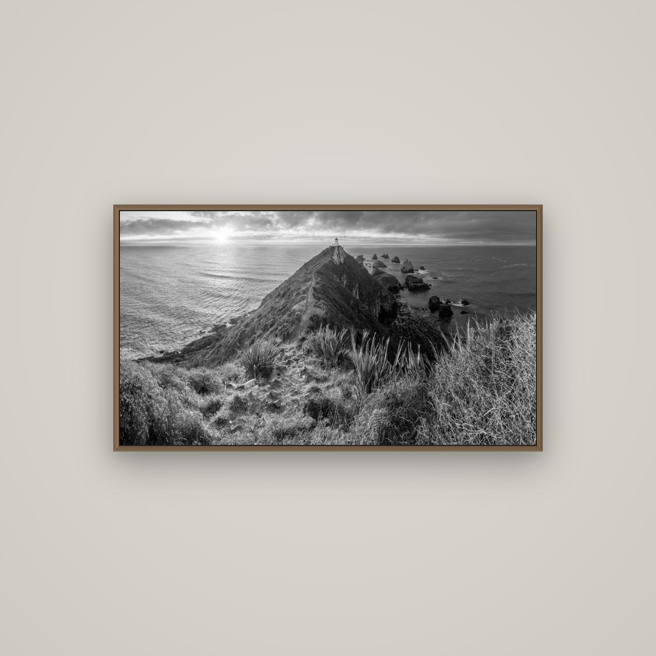 Guiding Light, Nugget Point Sunrise, Basel Walnut, 107×60 cm. New Zealand fine art wall art by Stephen Milner.