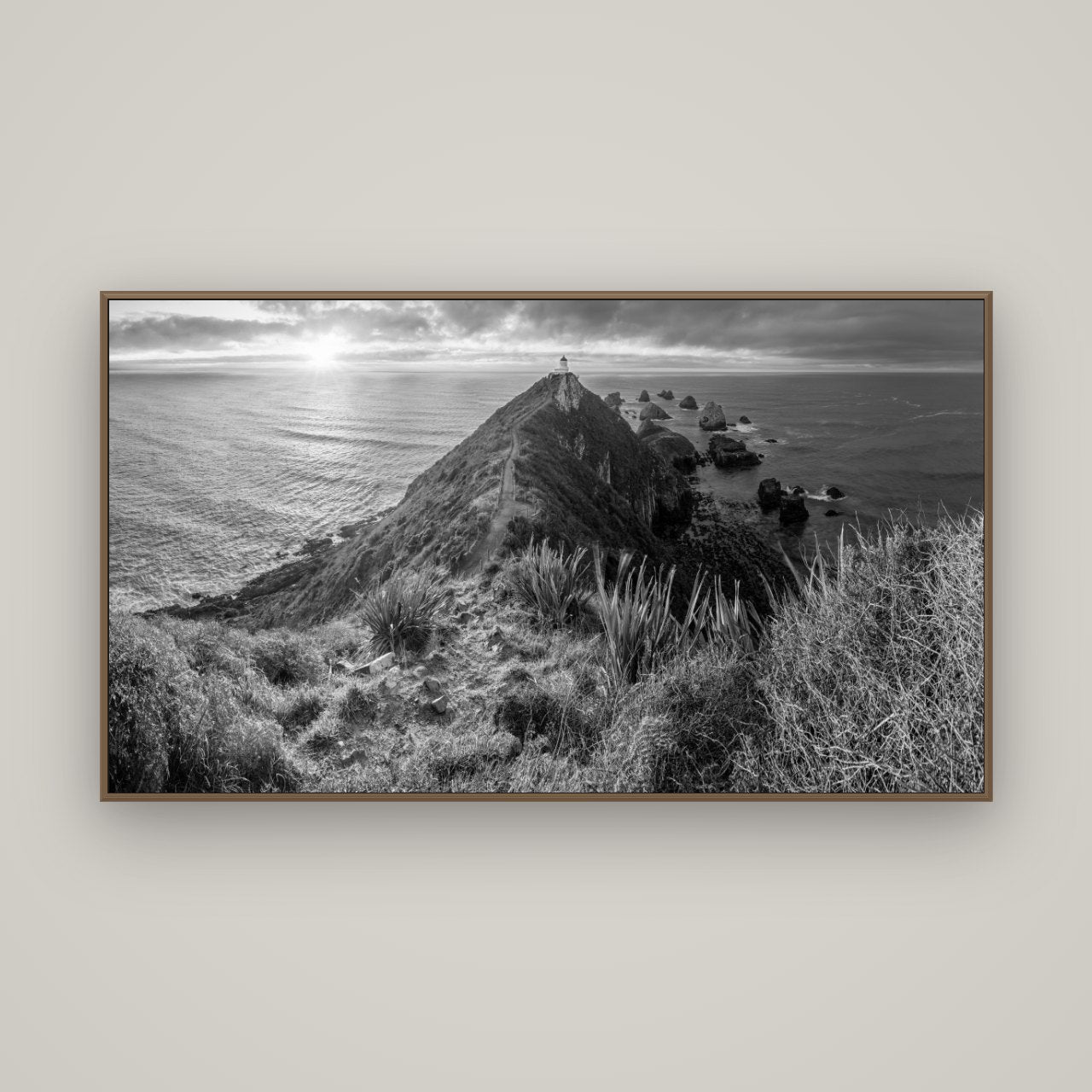 Guiding Light, Nugget Point Sunrise, Basel Walnut, 160×90 cm. New Zealand fine art wall art by Stephen Milner.