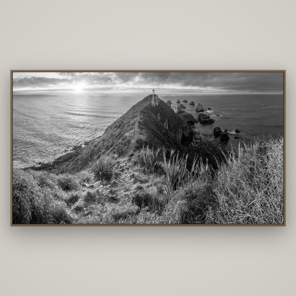 Guiding Light, Nugget Point Sunrise, Basel Walnut, 196×110 cm. New Zealand fine art wall art by Stephen Milner.