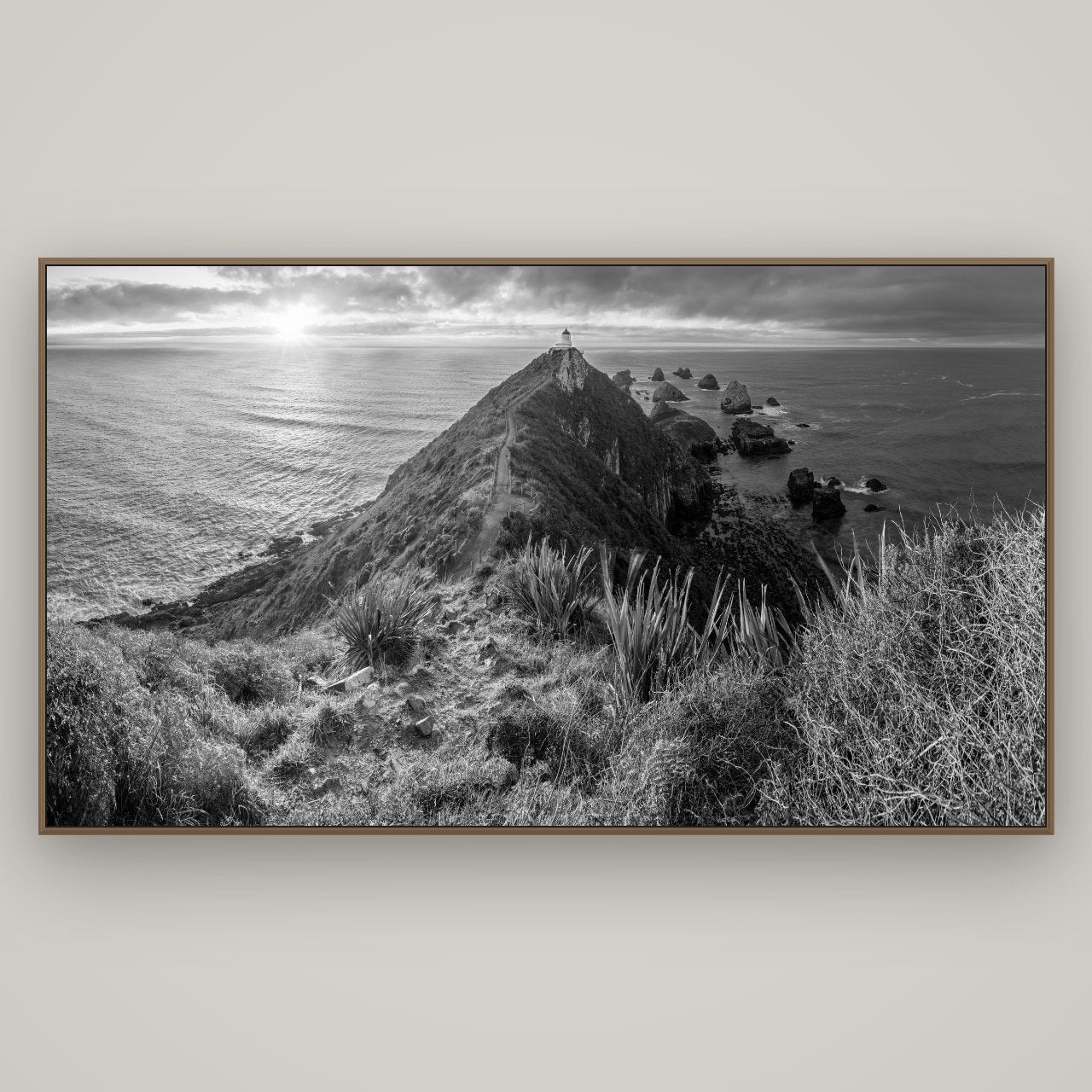 Guiding Light, Nugget Point Sunrise, Basel Walnut, 196×110 cm. New Zealand fine art wall art by Stephen Milner.