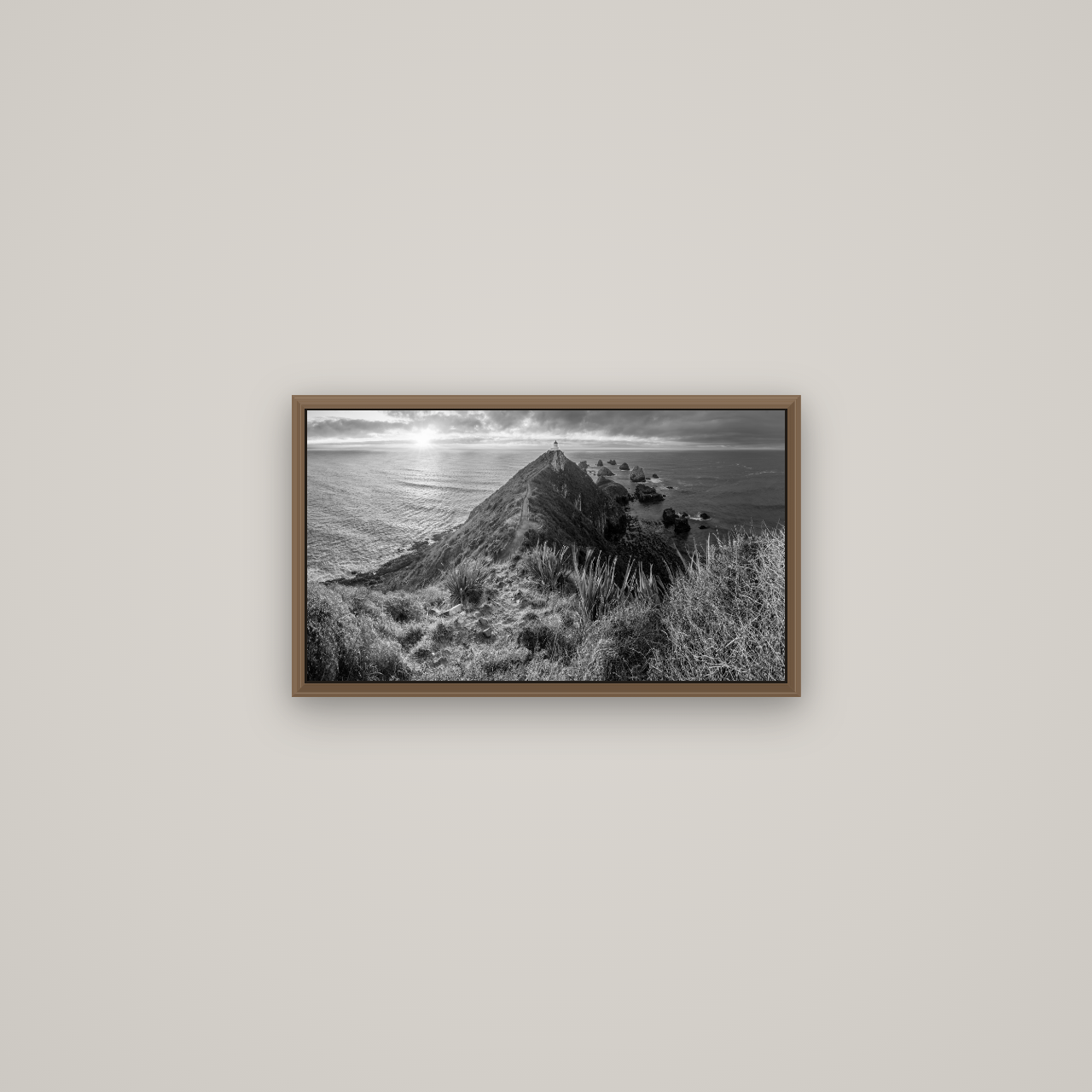 Guiding Light, Nugget Point Sunrise, Basel Walnut, 53×30 cm. New Zealand fine art wall art by Stephen Milner.