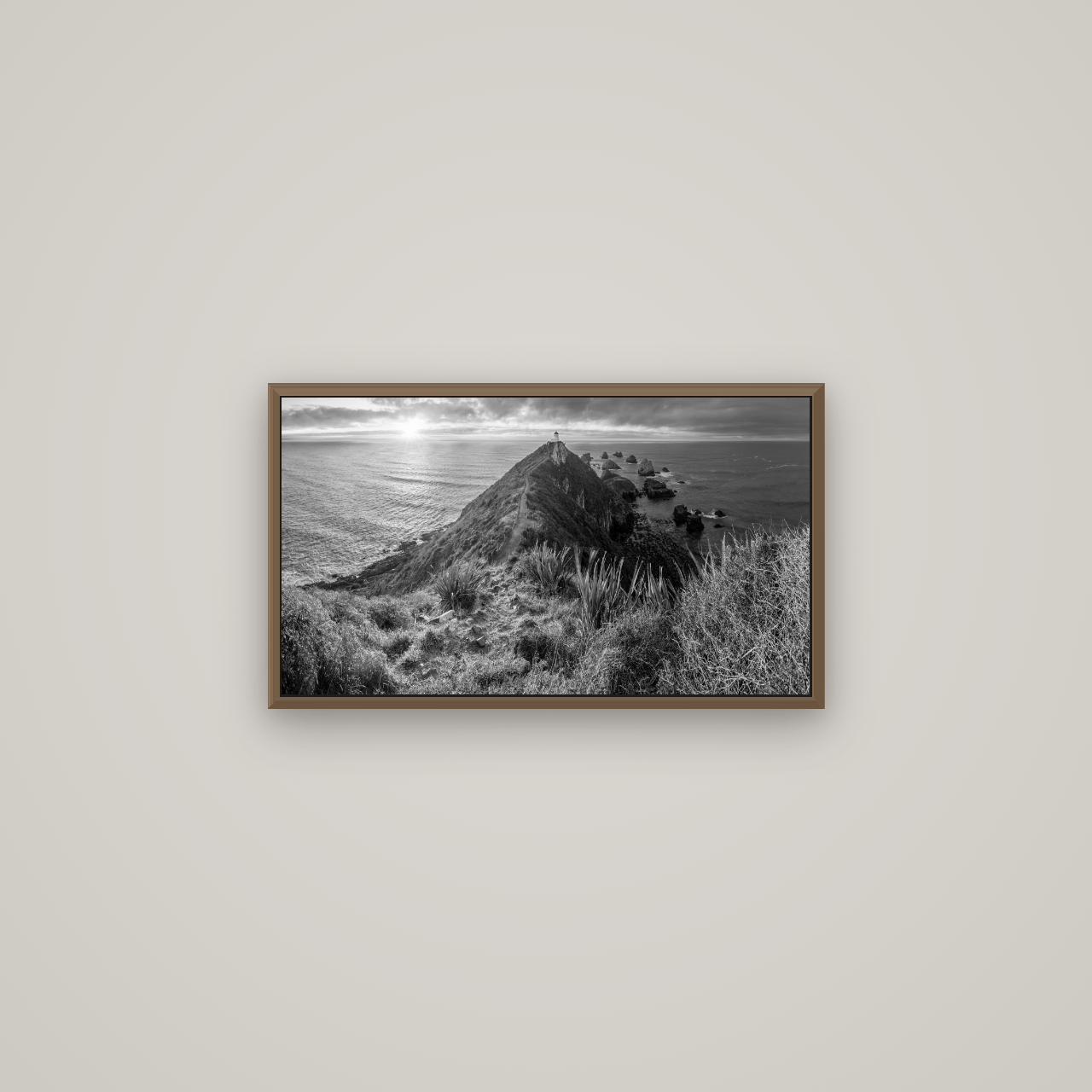 Guiding Light, Nugget Point Sunrise, Basel Walnut, 64×36 cm. New Zealand fine art wall art by Stephen Milner.