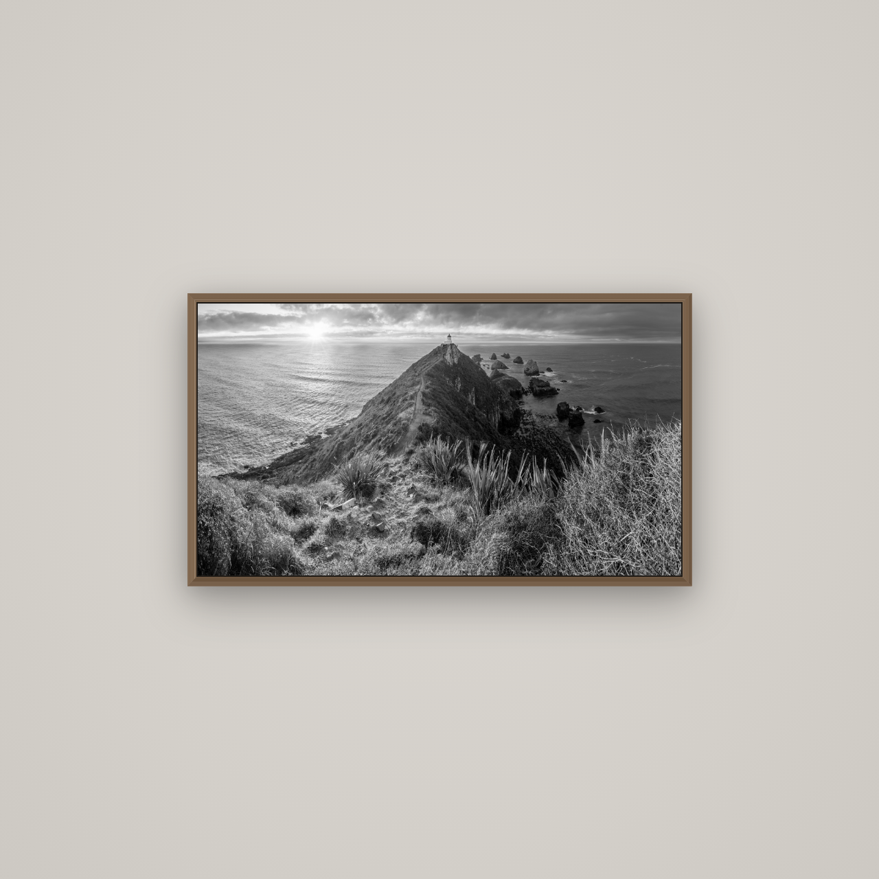 Guiding Light, Nugget Point Sunrise, Basel Walnut, 80×45 cm. New Zealand fine art wall art by Stephen Milner.