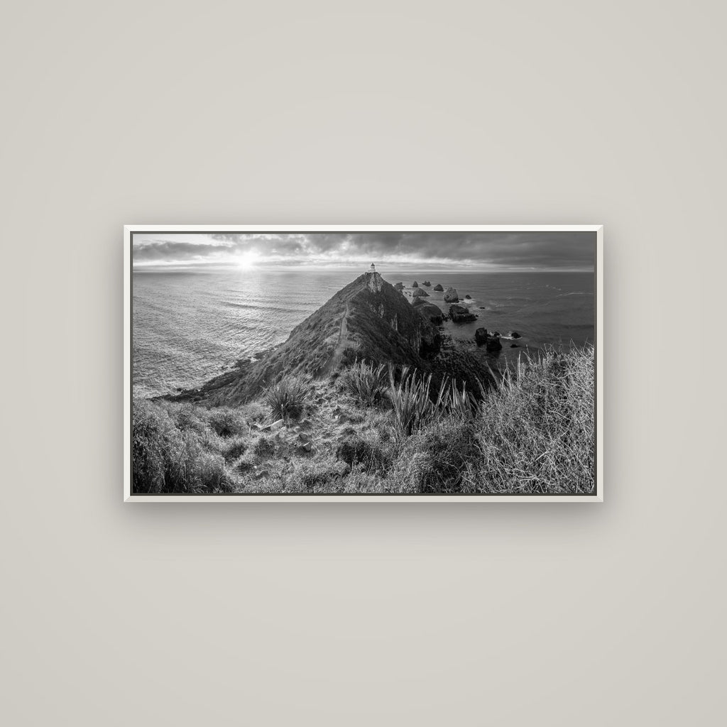 Guiding Light, Nugget Point Sunrise — Basel White, 107×60 cm. New Zealand fine art wall art by Stephen Milner.