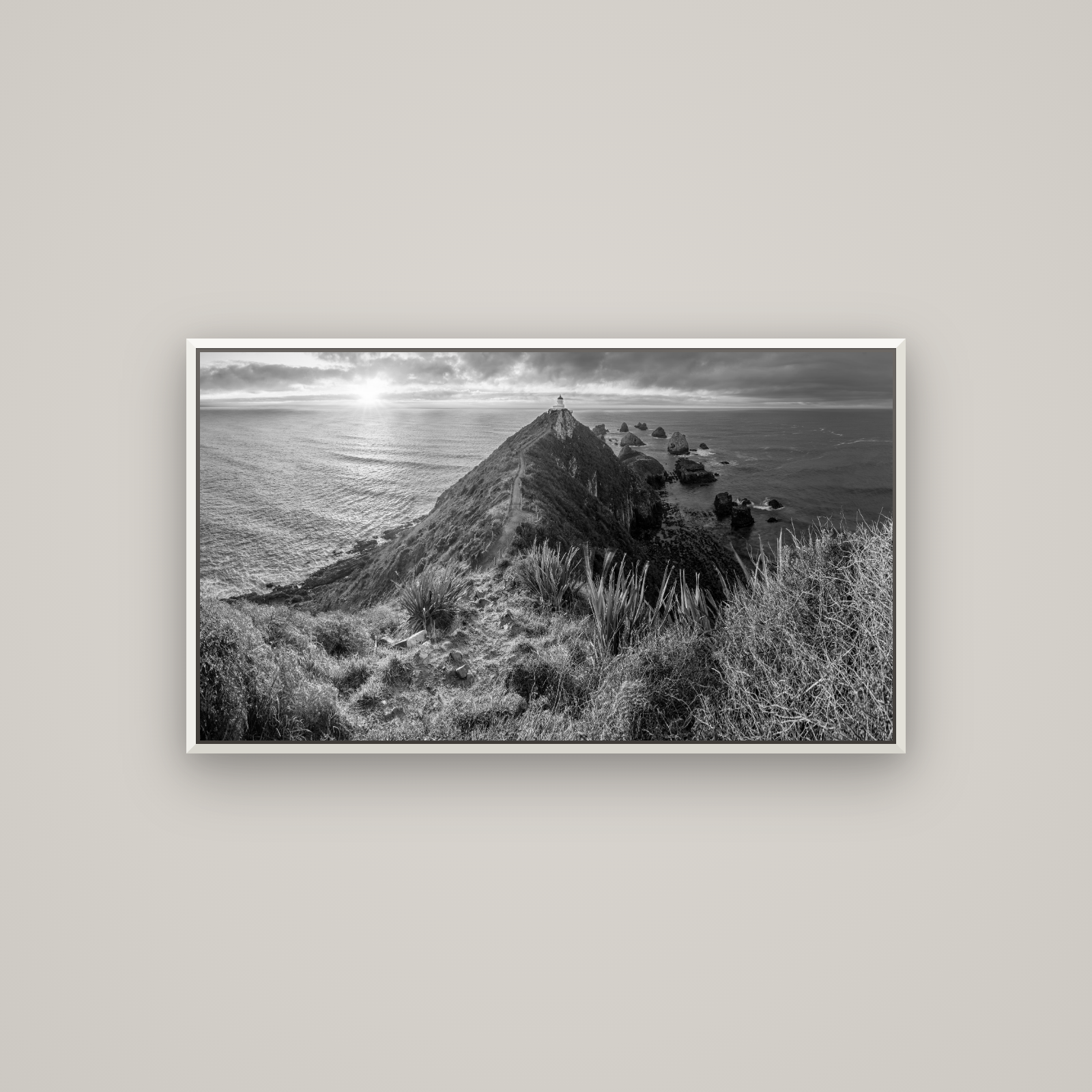 Guiding Light, Nugget Point Sunrise — Basel White, 107×60 cm. New Zealand fine art wall art by Stephen Milner.