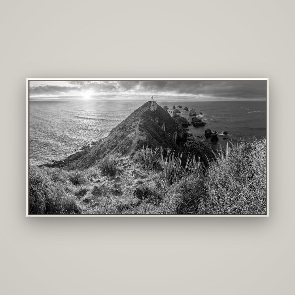 Guiding Light, Nugget Point Sunrise — Basel White, 160×90 cm. New Zealand fine art wall art by Stephen Milner.