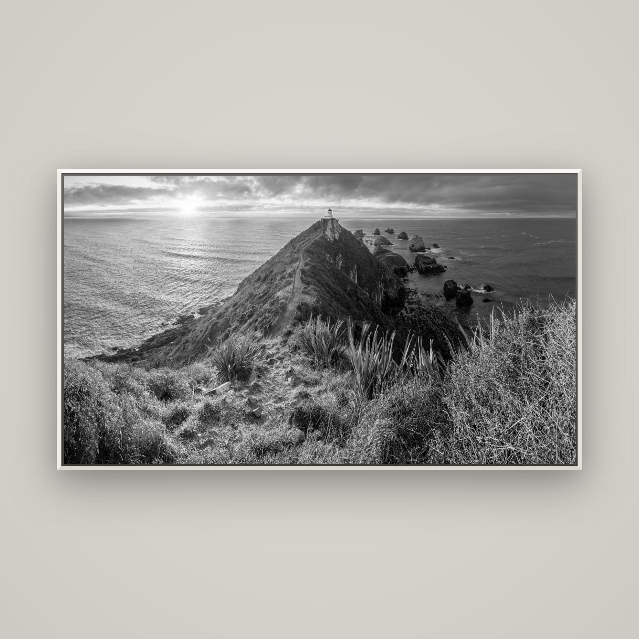 Guiding Light, Nugget Point Sunrise — Basel White, 160×90 cm. New Zealand fine art wall art by Stephen Milner.
