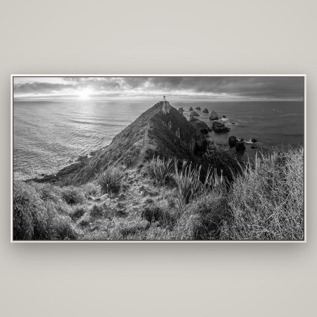 Guiding Light, Nugget Point Sunrise — Basel White, 196×110 cm. New Zealand fine art wall art by Stephen Milner.