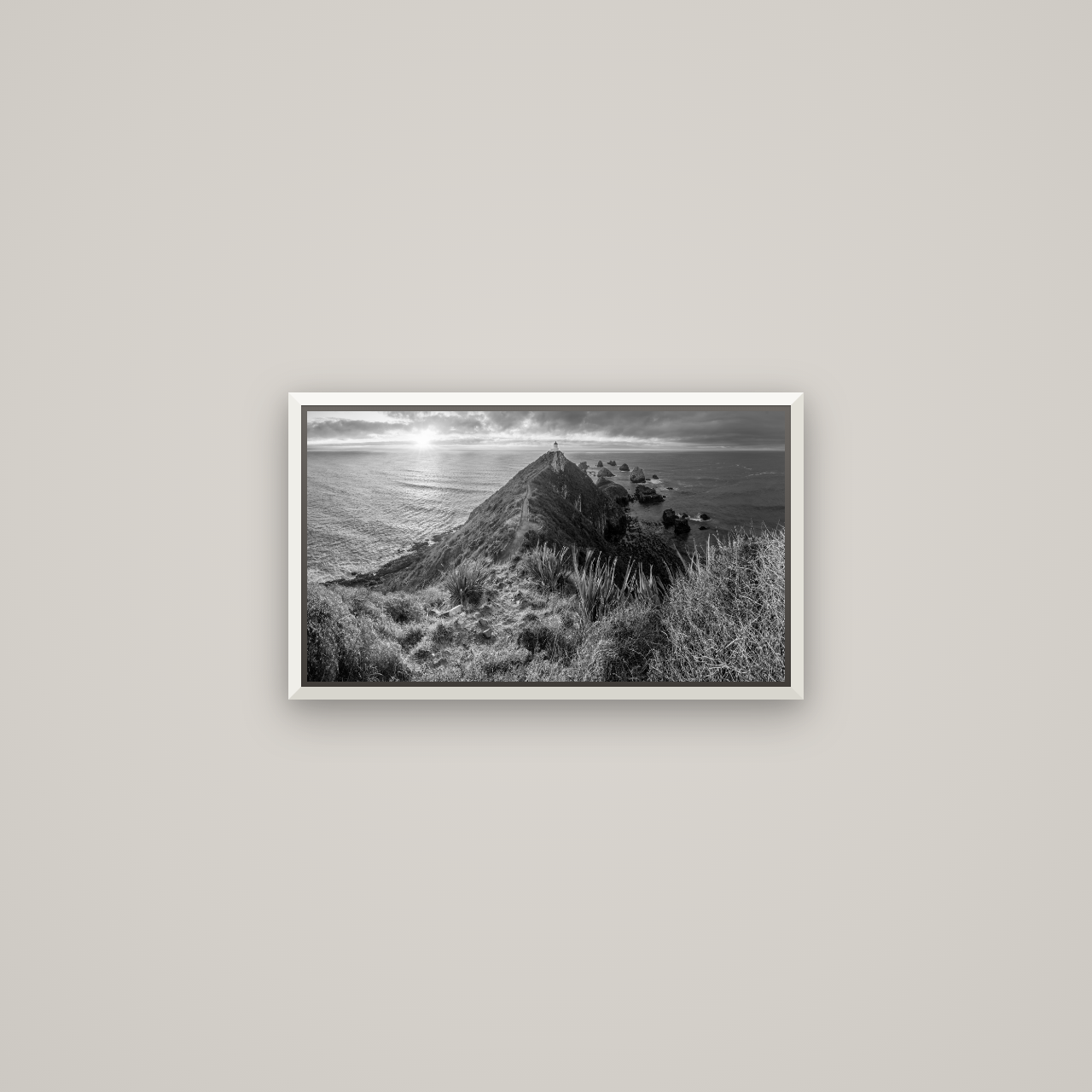 Guiding Light, Nugget Point Sunrise — Basel White, 53×30 cm. New Zealand fine art wall art by Stephen Milner.