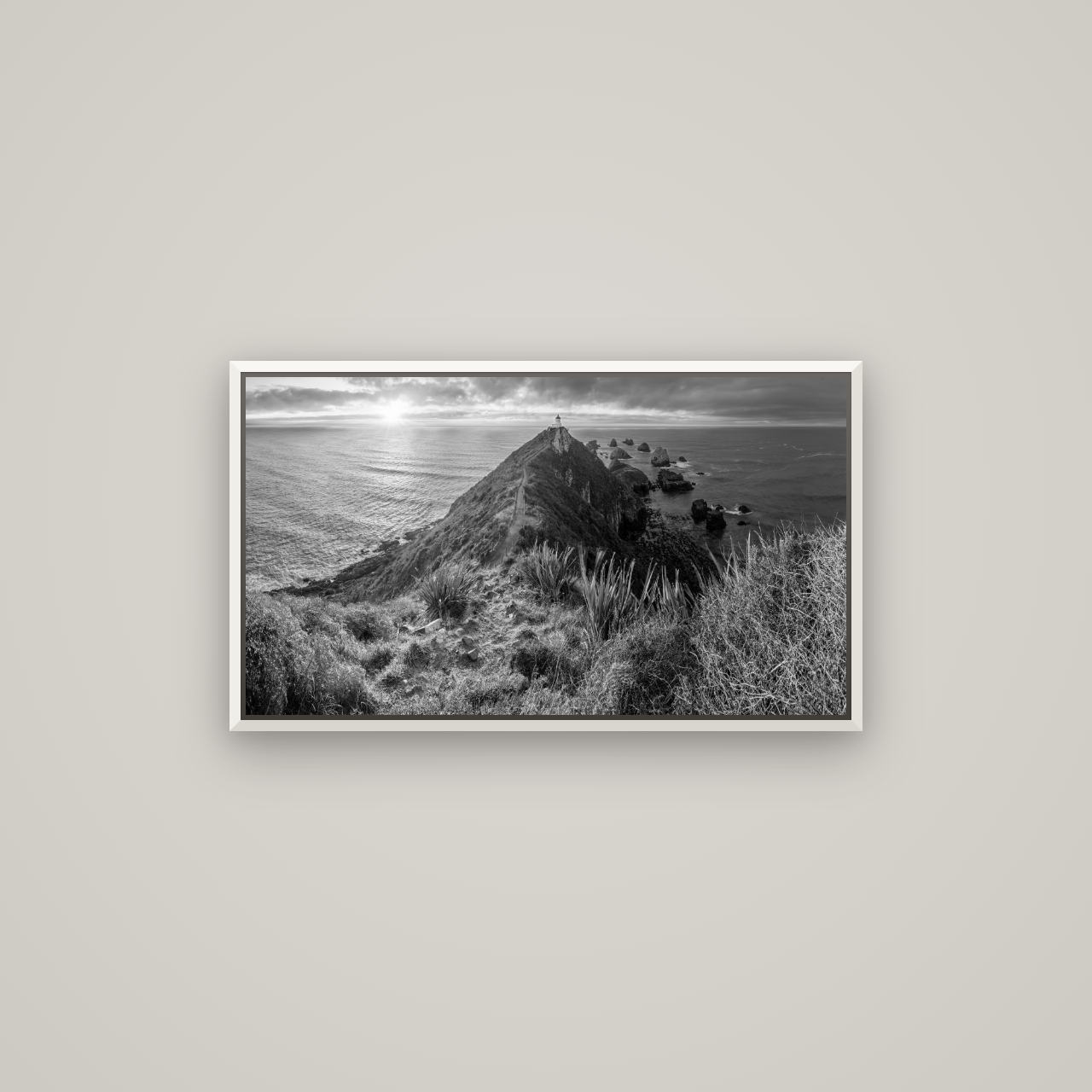 Guiding Light, Nugget Point Sunrise — Basel White, 80×45 cm. New Zealand fine art wall art by Stephen Milner.