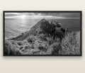 Guiding Light, Nugget Point Sunrise — black float frame canvas, 200 × 130 cm. New Zealand fine art landscape wall art by Stephen Milner.