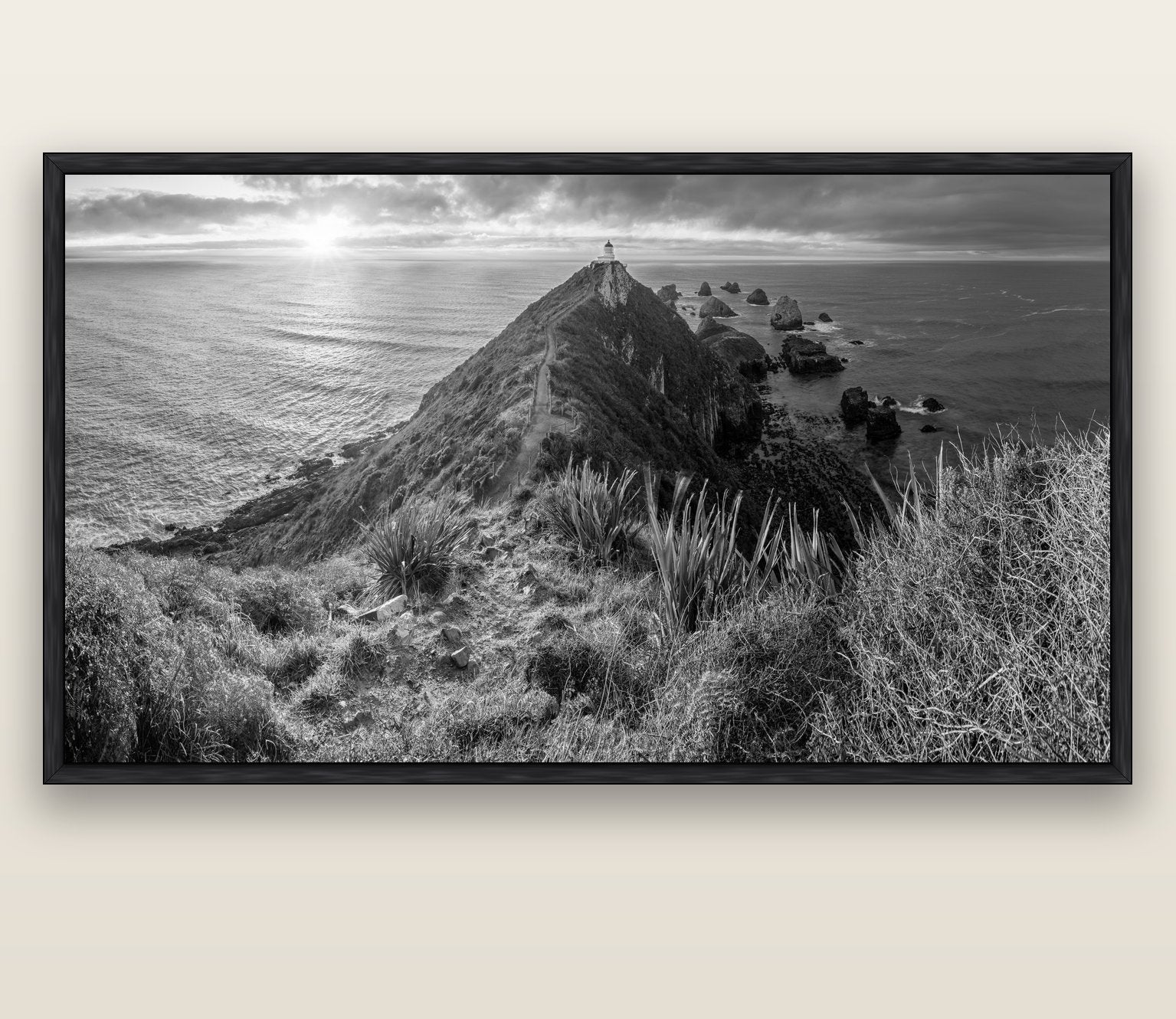 Guiding Light, Nugget Point Sunrise — black float frame canvas, 200 × 130 cm. New Zealand fine art landscape wall art by Stephen Milner.