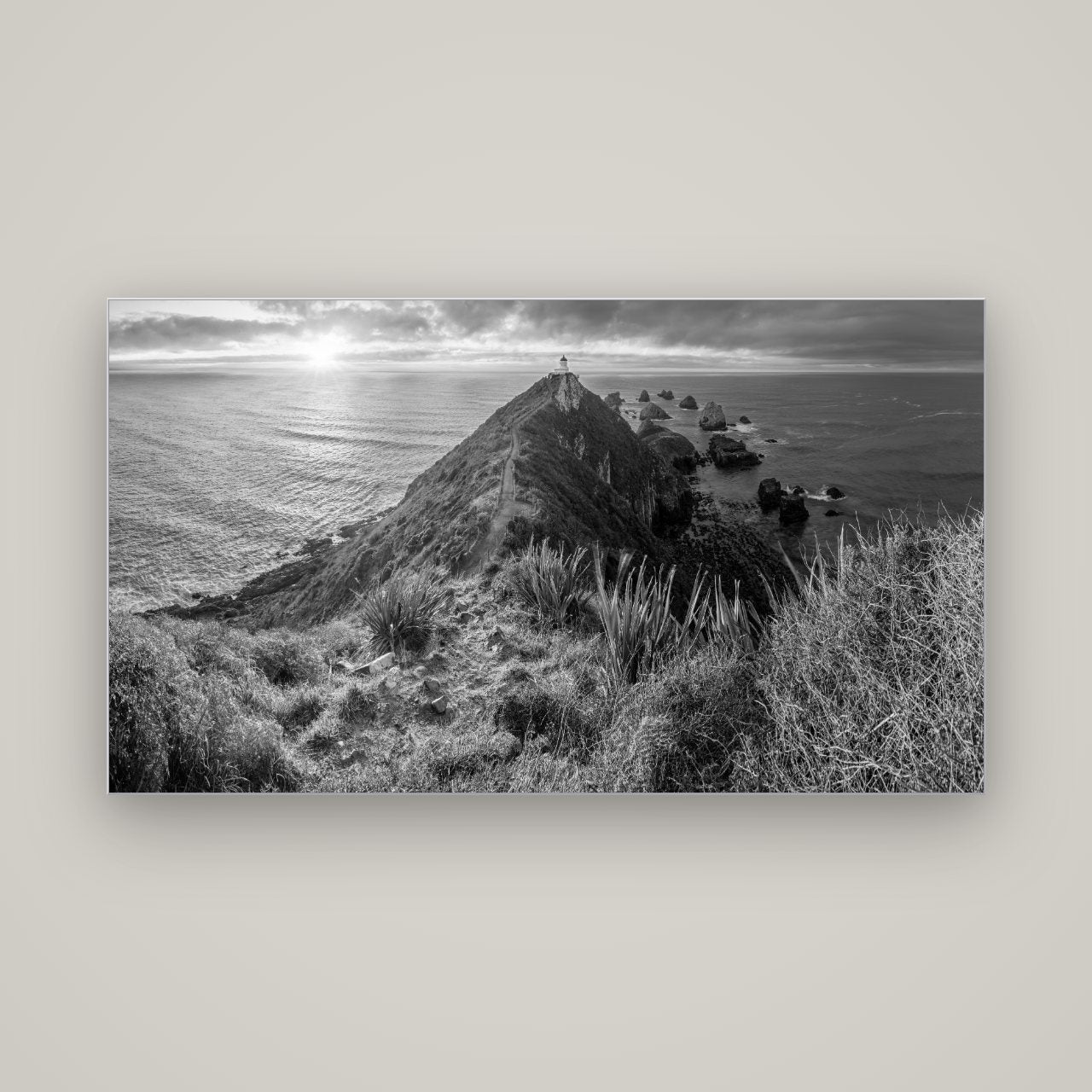 Guiding Light, Nugget Point Sunrise — Slimline Silver, 160×90 cm. New Zealand fine art wall art by Stephen Milner.