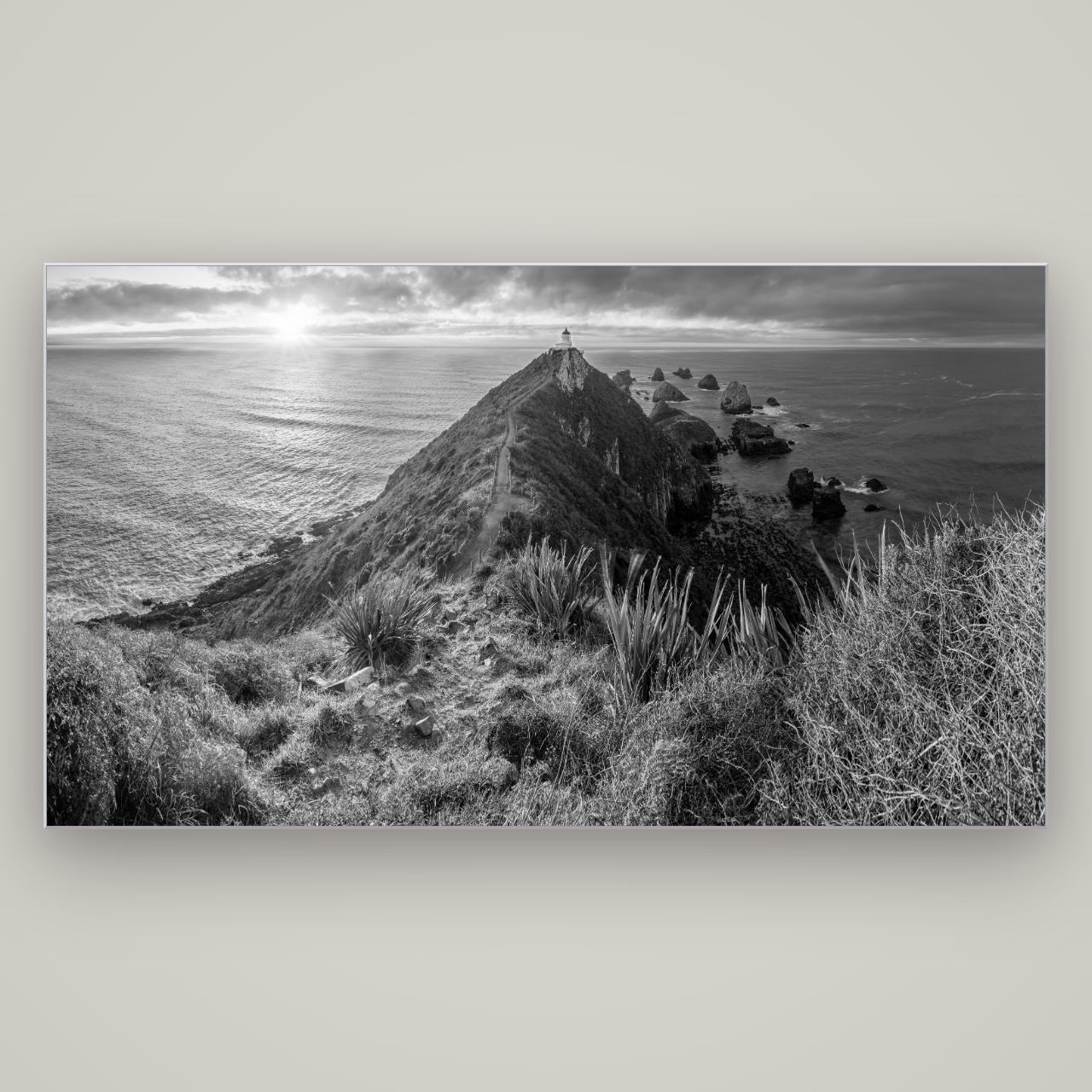Guiding Light, Nugget Point Sunrise — Slimline Silver, 196×110 cm. New Zealand fine art wall art by Stephen Milner.