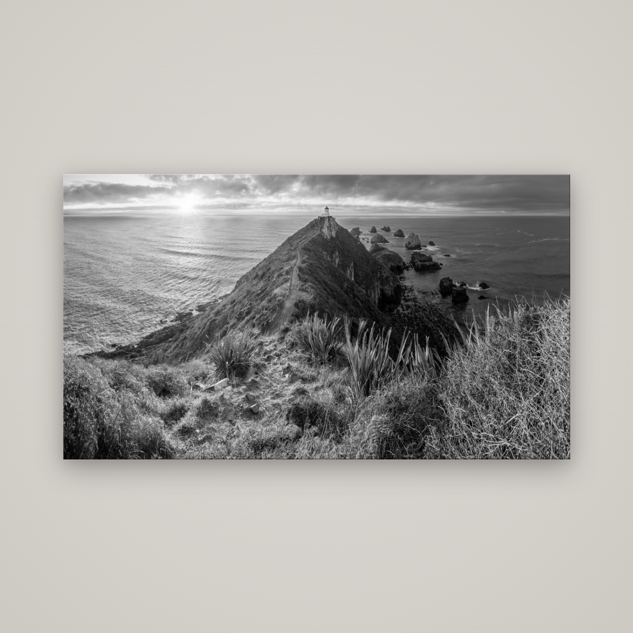 Guiding Light, Nugget Point Sunrise — No frame, 160×90 cm. New Zealand fine art wall art by Stephen Milner.