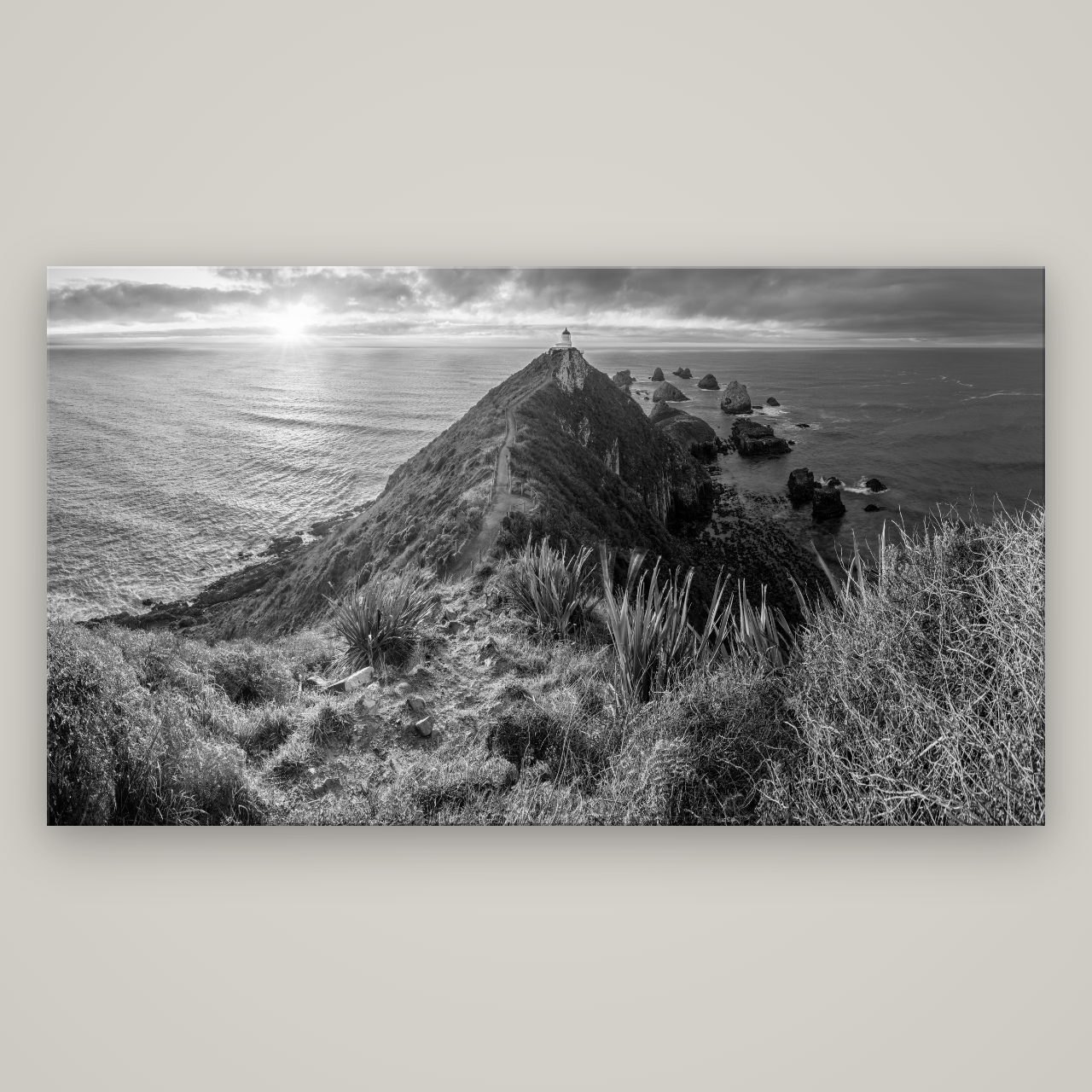 Guiding Light, Nugget Point Sunrise — No frame, 196×110 cm. New Zealand fine art wall art by Stephen Milner.