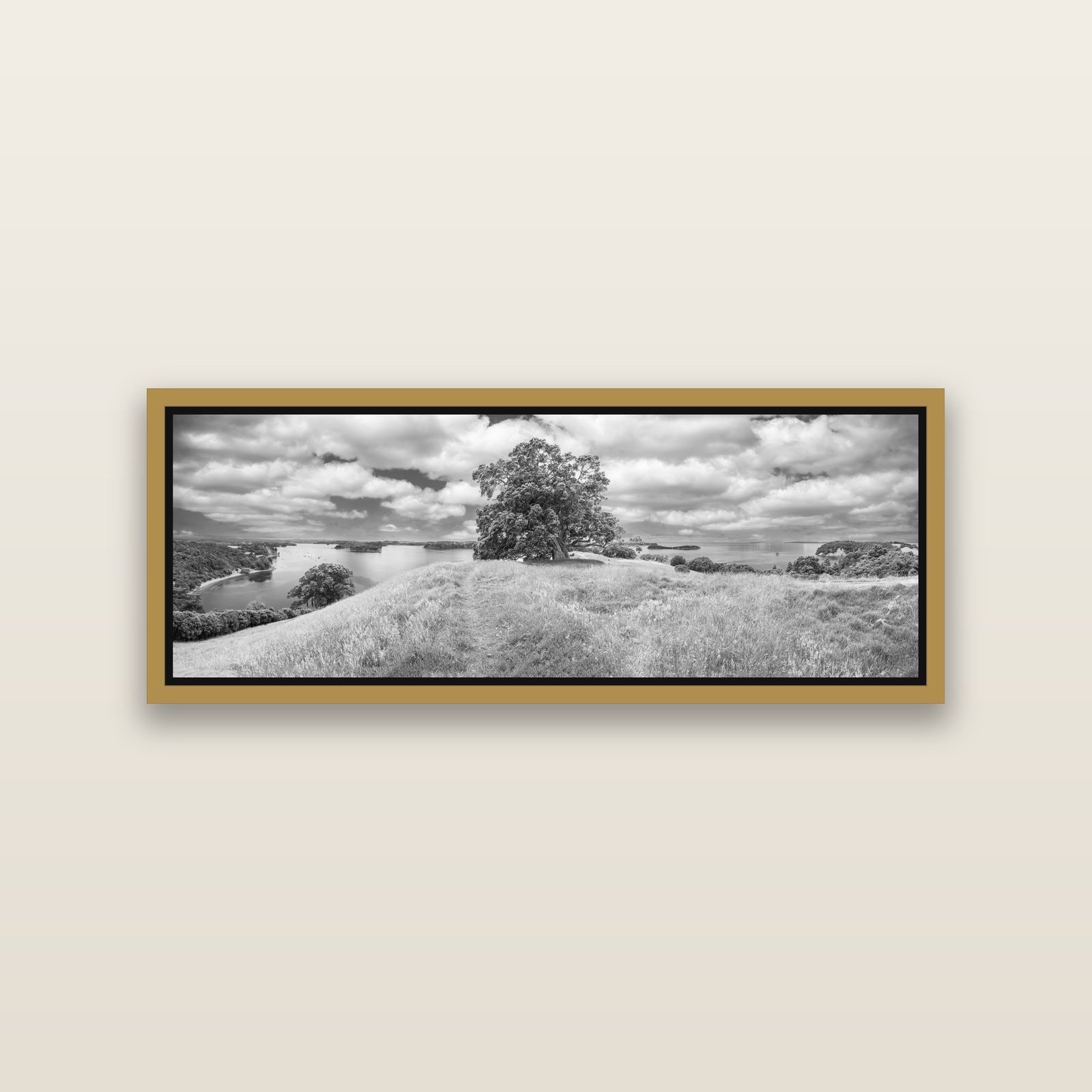 Harbour of Tranquility, Pōhutukawa Bloom at Mahurangi — Antique Gold framed metallic canvas print, small 86 × 30 cm. New Zealand fine art landscape wall art by Stephen Milner.