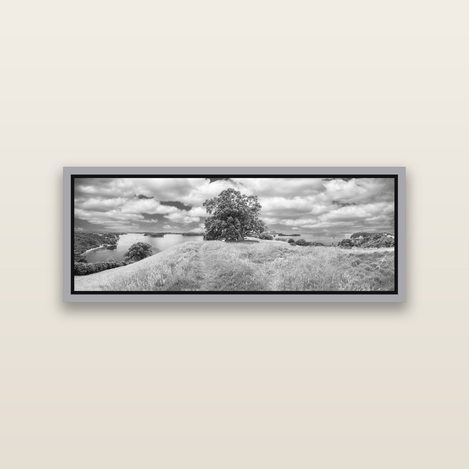 Harbour of Tranquility, Pōhutukawa Bloom at Mahurangi — Antique Silver framed metallic canvas print, small 86 × 30 cm. New Zealand fine art landscape wall art by Stephen Milner.