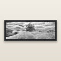 Harbour of Tranquility, Pōhutukawa Bloom at Mahurangi, black and white framed metallic canvas print, Black frame. New Zealand fine art wall art by Stephen Milner.
